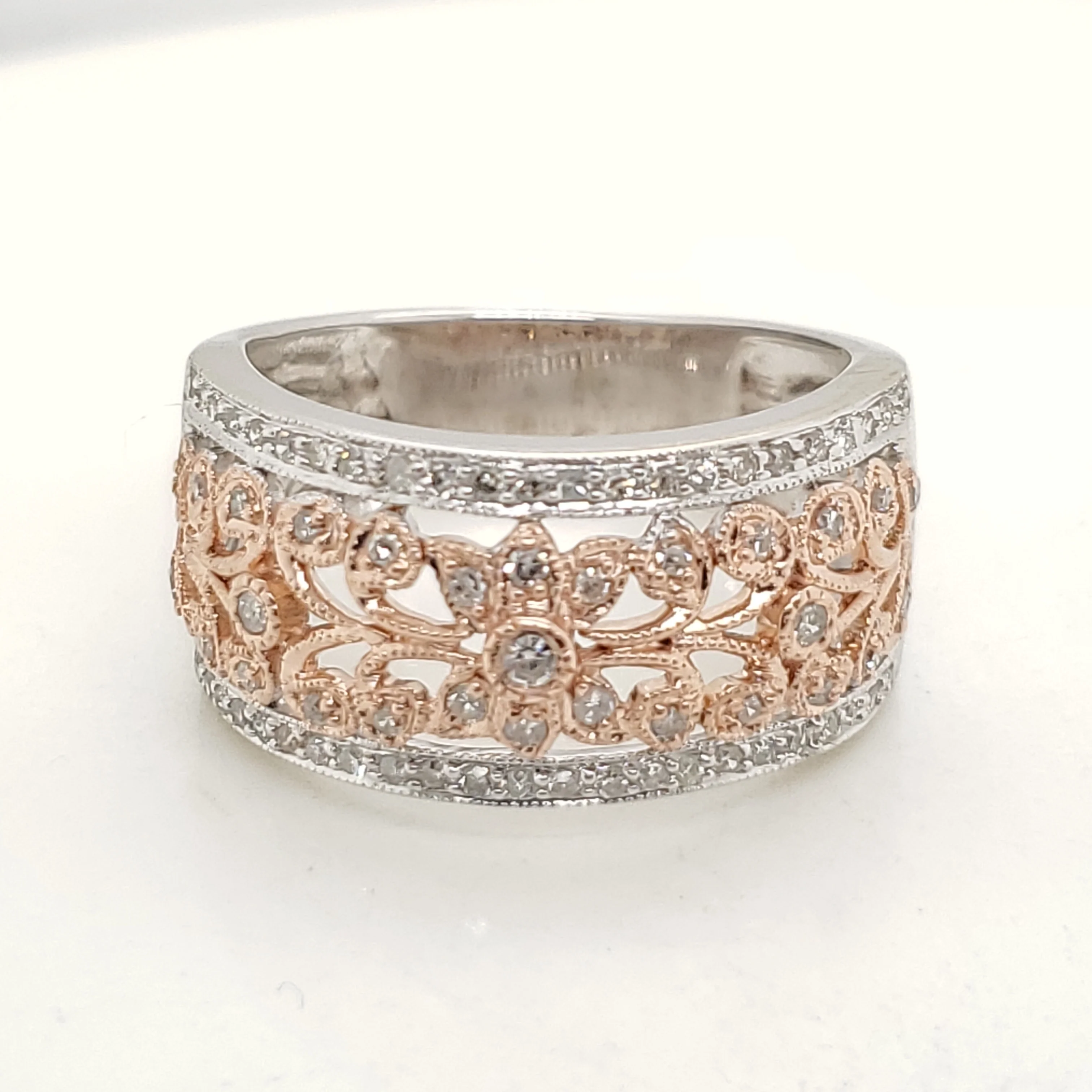 14kt white and Rose Gold Diamond Filigree Band