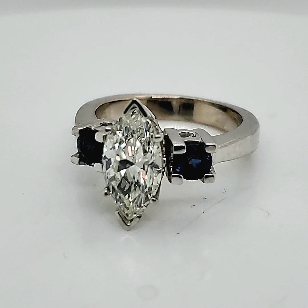 14kt White Gold 1.85 Carat Marquise Shaped Diamond Engagement Ring with Sapphire Accents - Image 2
