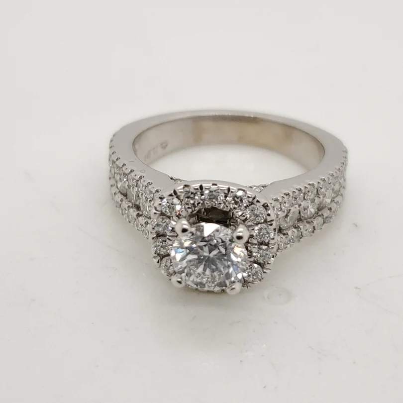 14Kt White Gold And .70 Carat Round Brilliant Cut Diamond Halo Mounting Engagement Ring