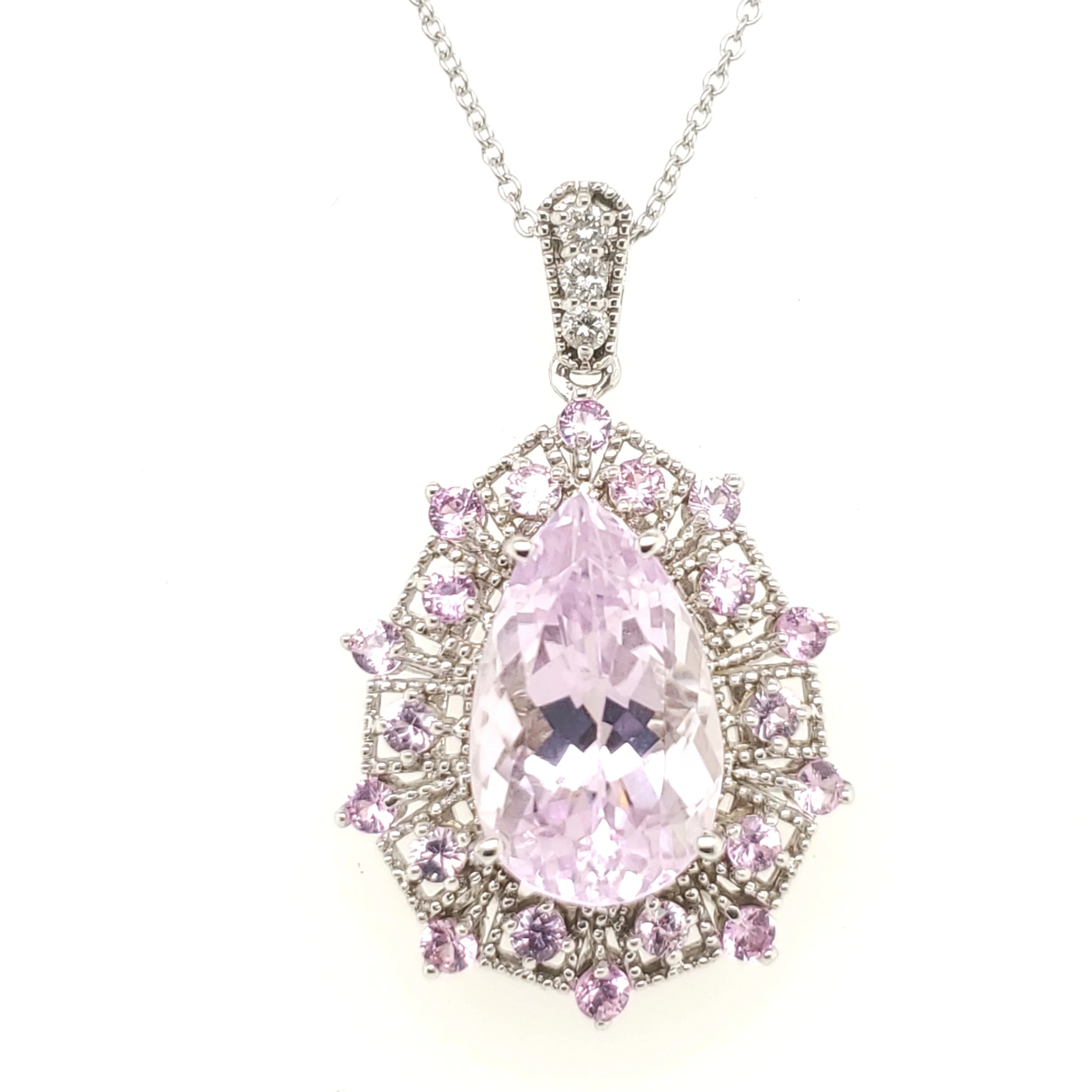 14Kt White Gold Kunzite And Diamond Pendant Necklace