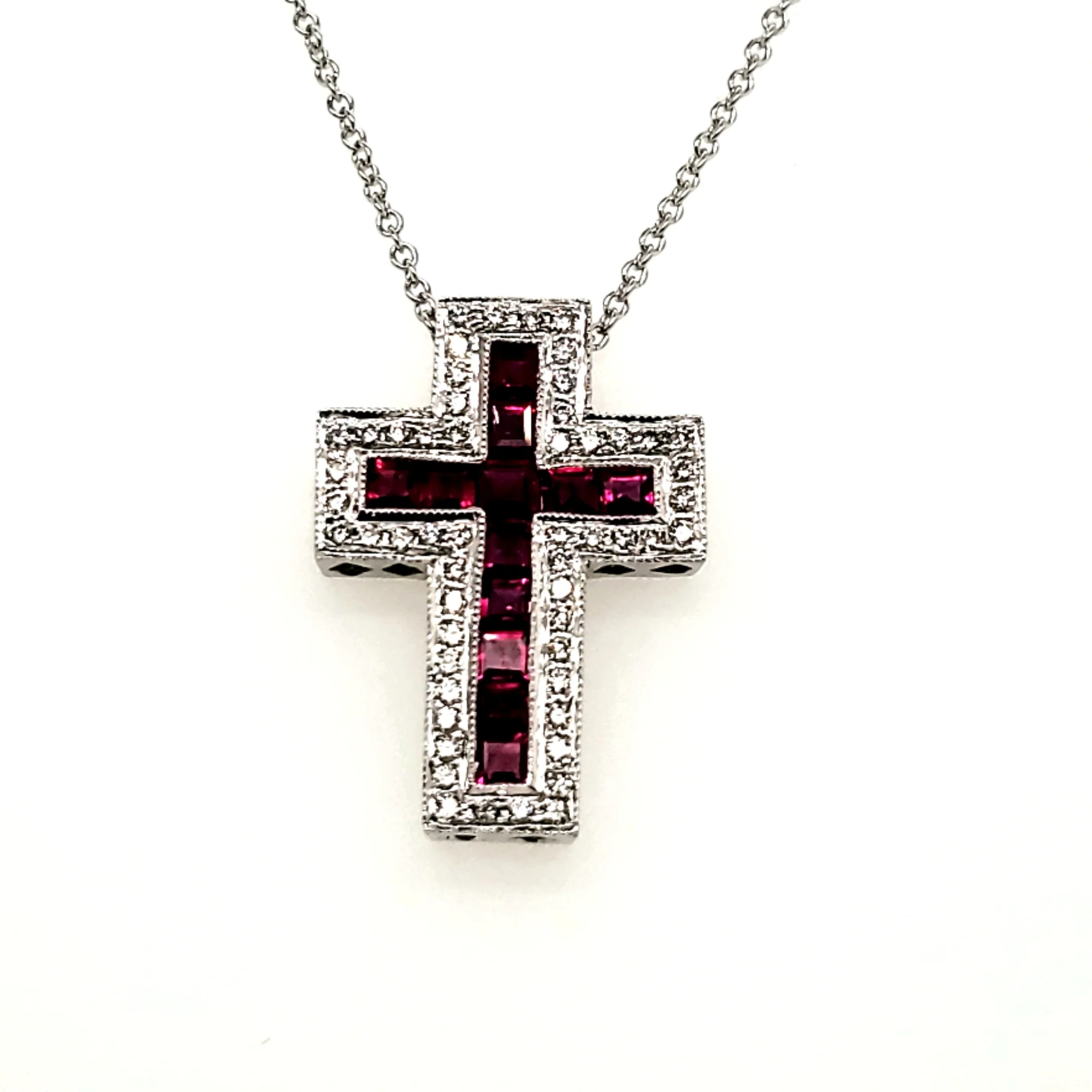 14kt White Gold Ruby and Diamond Cross