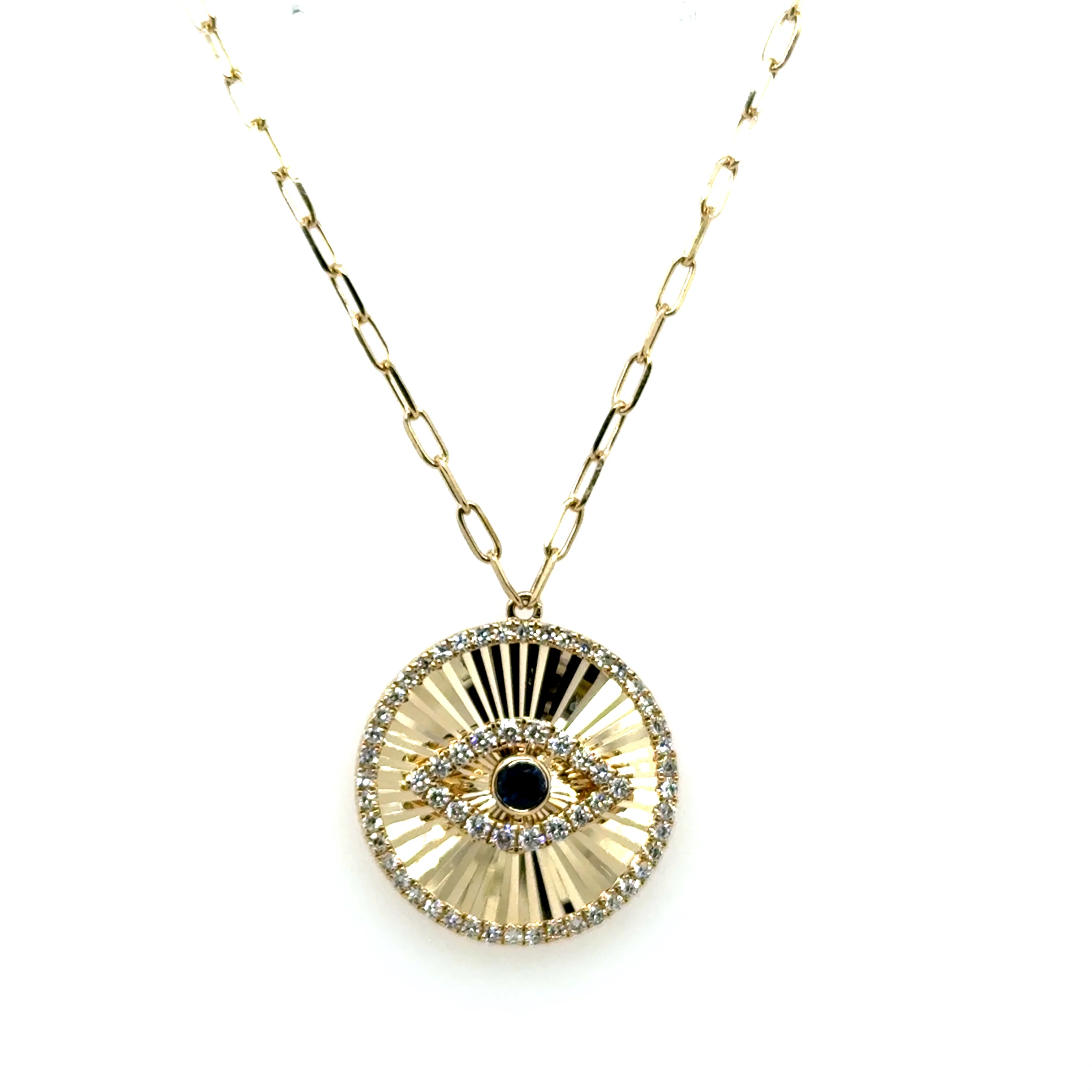 14kt Yellow Gold 0.69 Ctw Diamond and Sapphire Evil Eye Necklace
