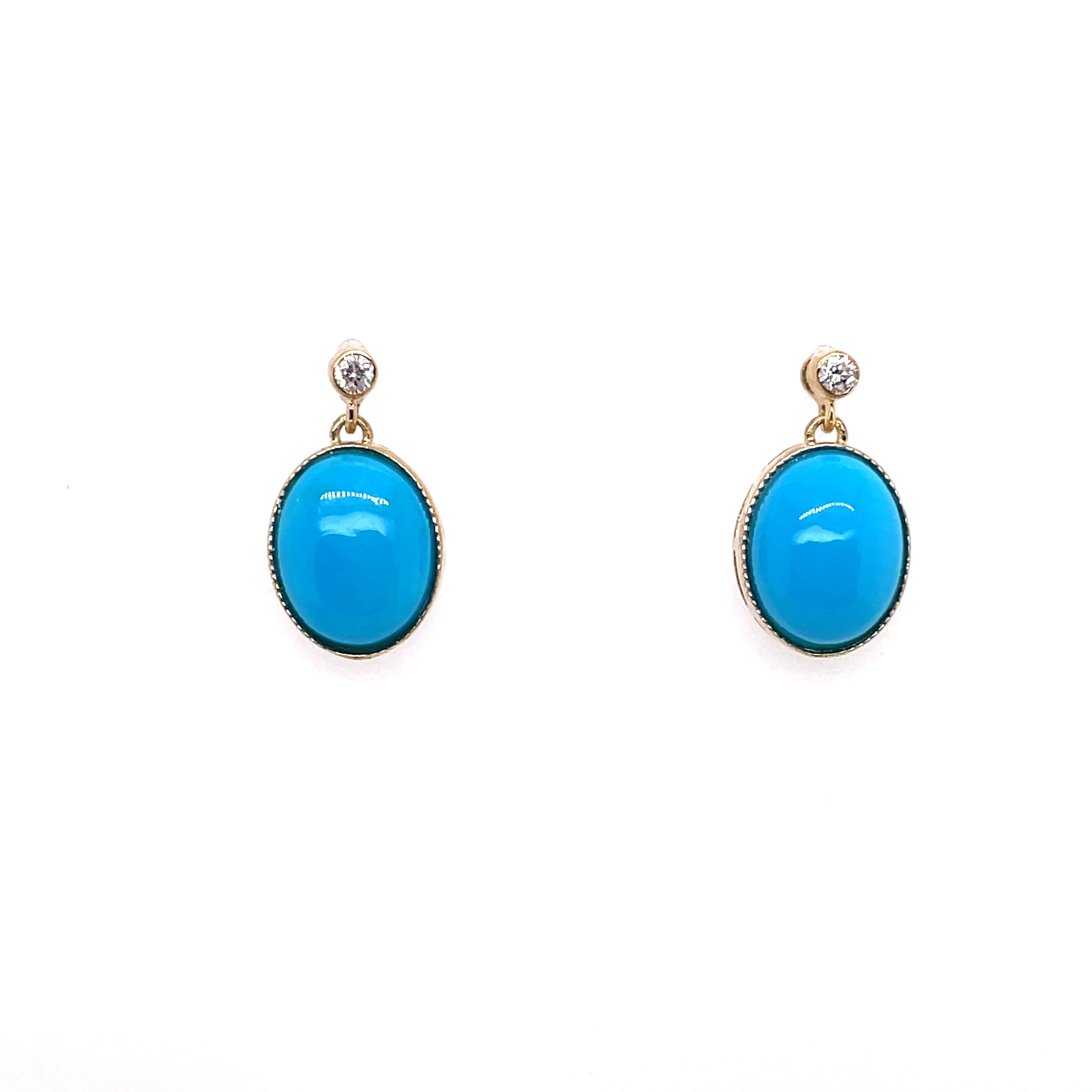 14kt Yellow Gold 10x8mm Cabochon Turquoise And Diamond Drop Earrings