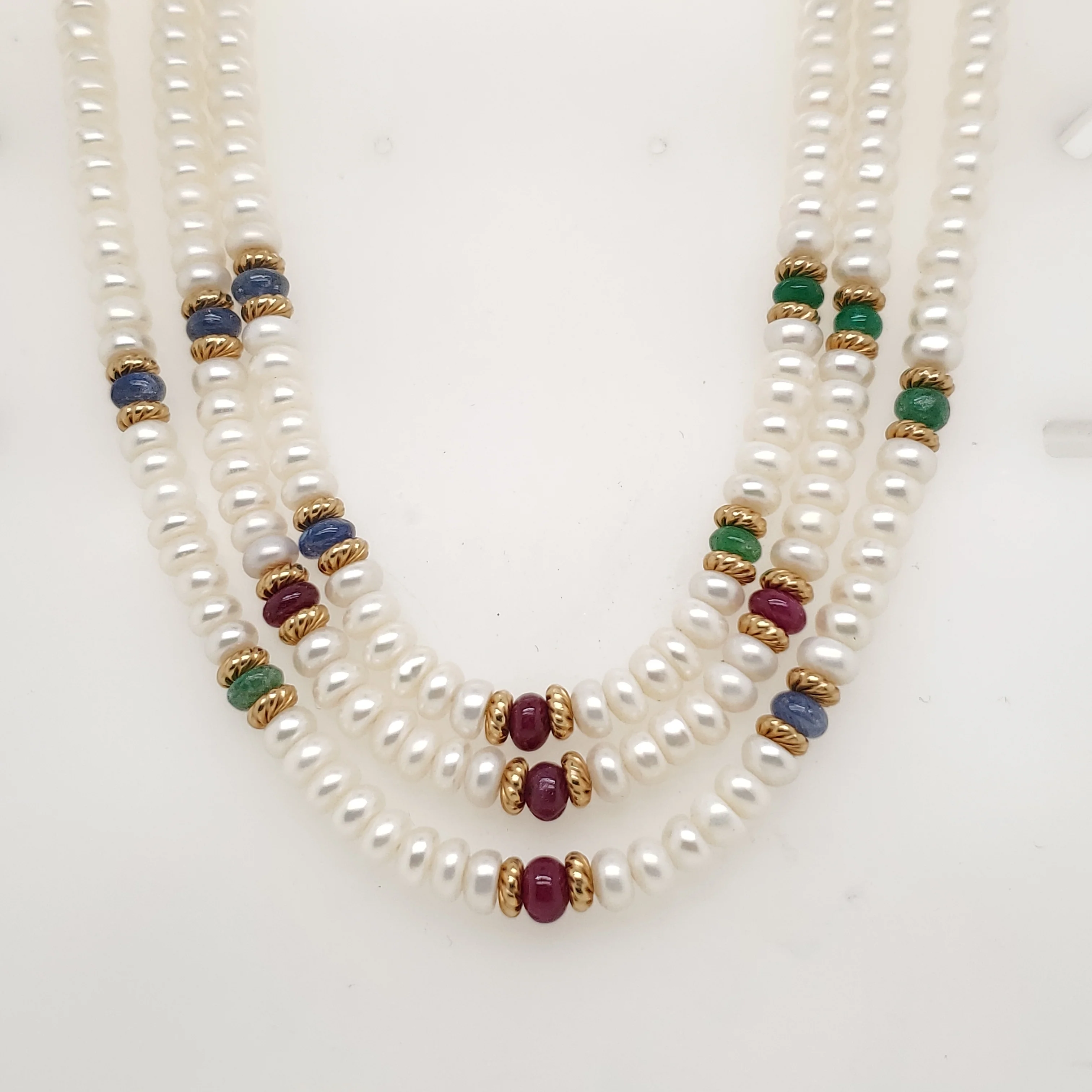 14kt Yellow Gold Fresh Water Pearl Sapphire Ruby and Emerald Triple Strand Necklace