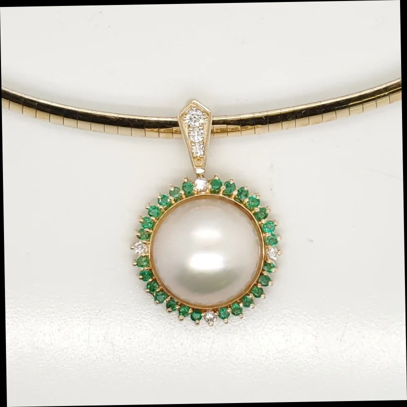 14kt Yellow Gold Mobe Pearl Emerald and Diamond Pendant Necklace