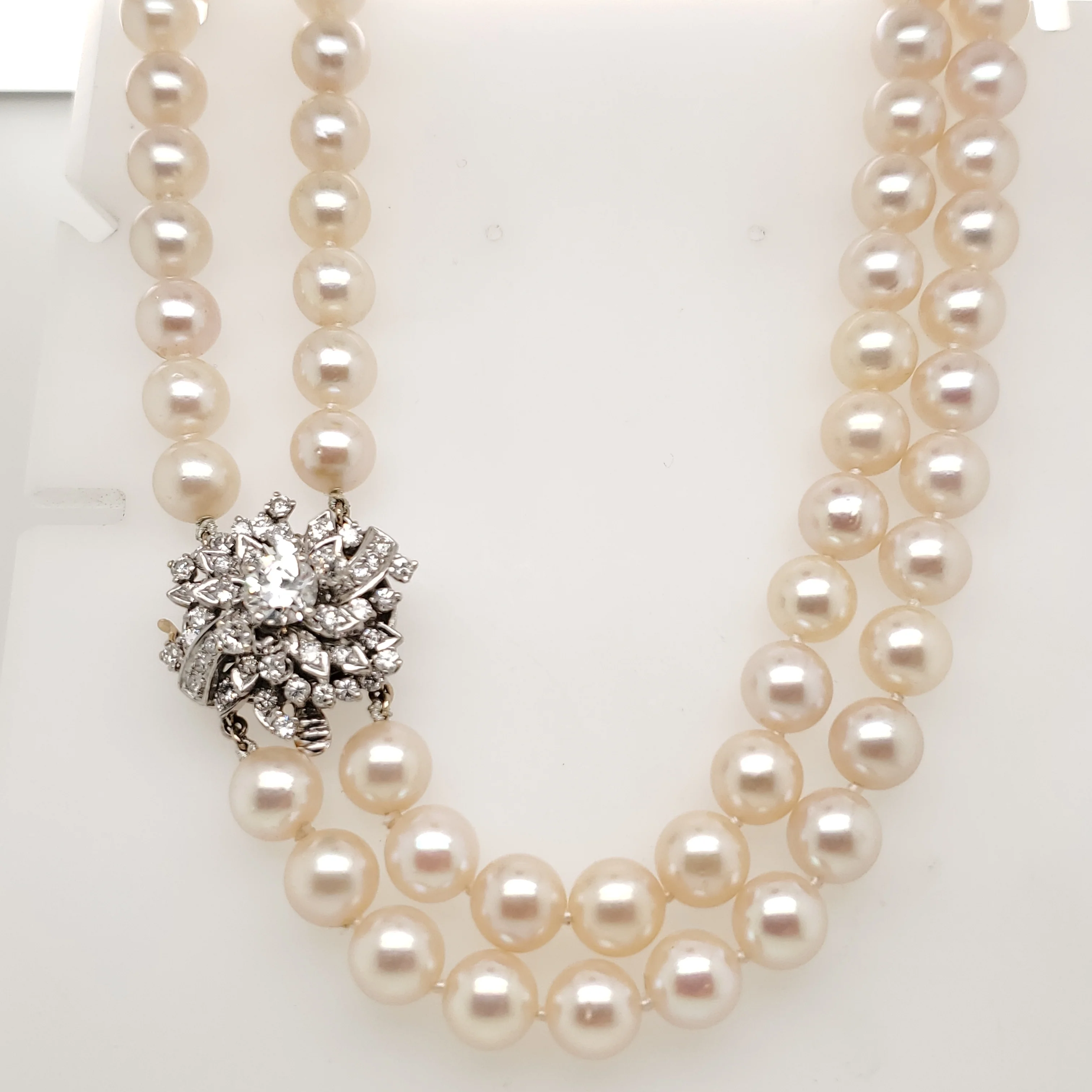 16"" Double Strand Cultured Akoya Pearl Necklace with Vintage 14kt White Gold Diamond Clasp