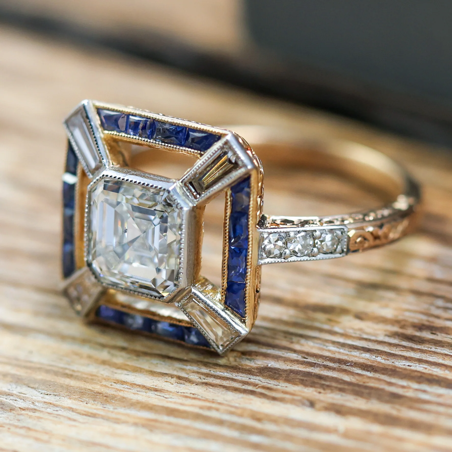 18kt Yellow Gold 1.75 Carat Asscher Cut Diamond and Sapphire Ring - Image 2