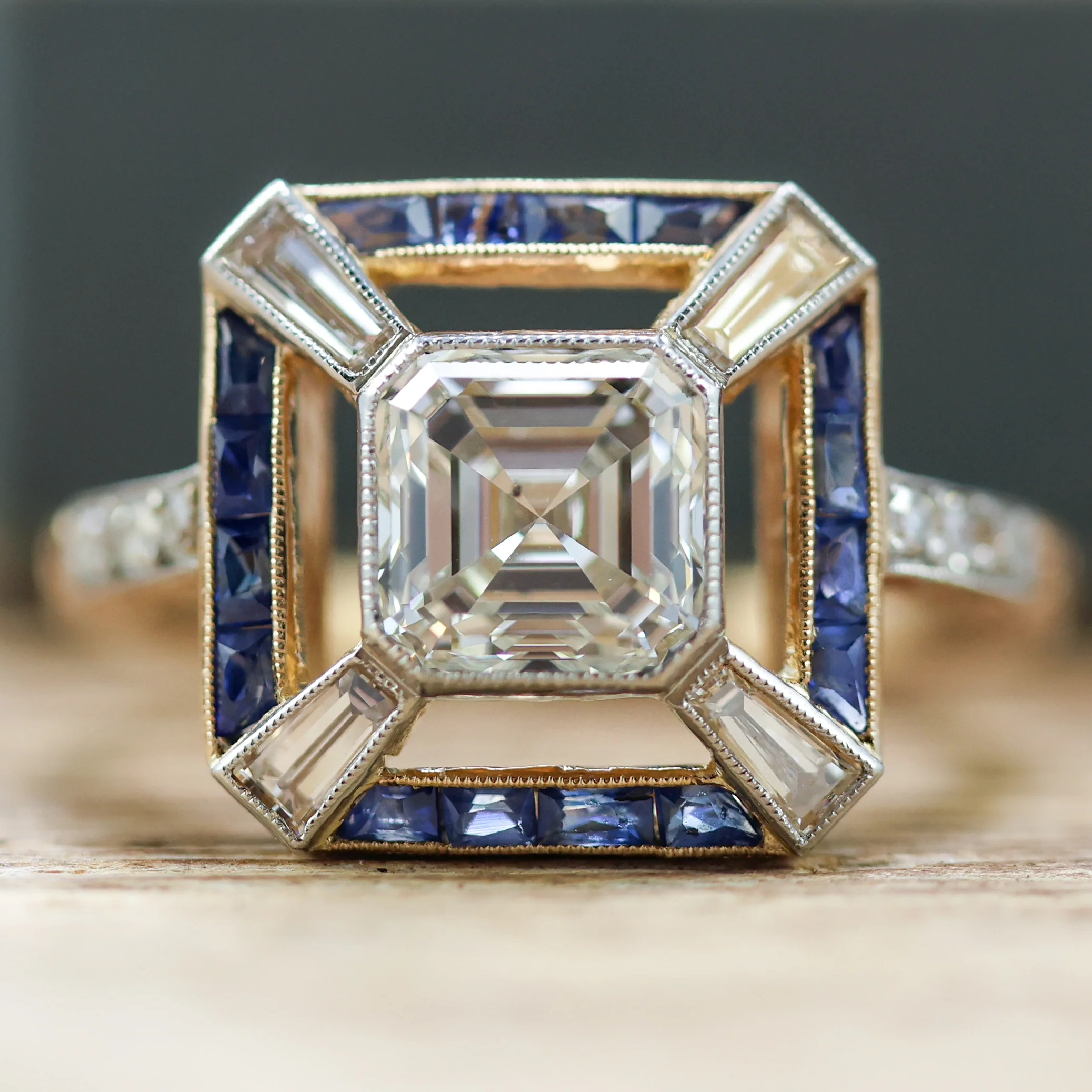 18kt Yellow Gold 1.75 Carat Asscher Cut Diamond and Sapphire Ring - Image 4