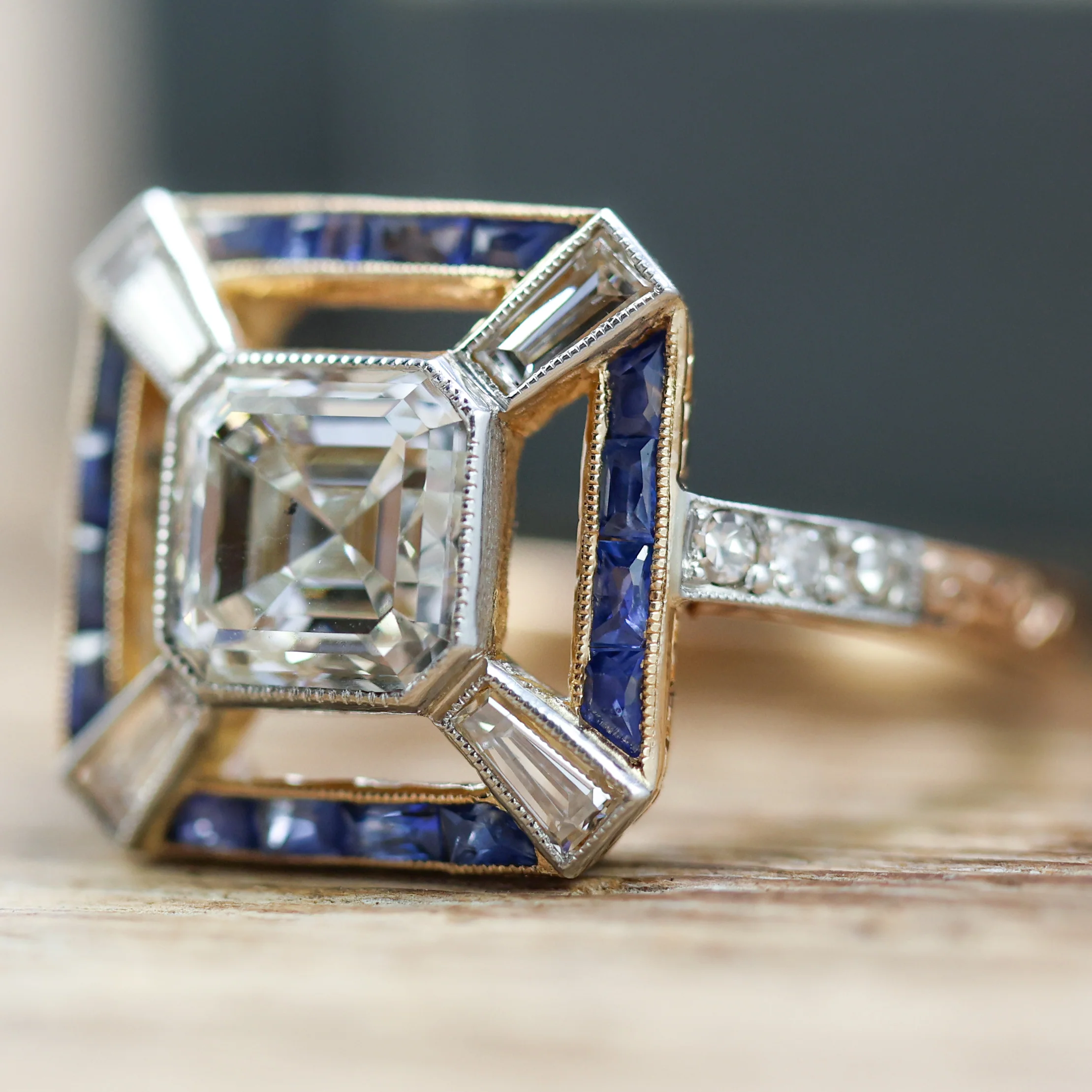 18kt Yellow Gold 1.75 Carat Asscher Cut Diamond and Sapphire Ring - Image 5