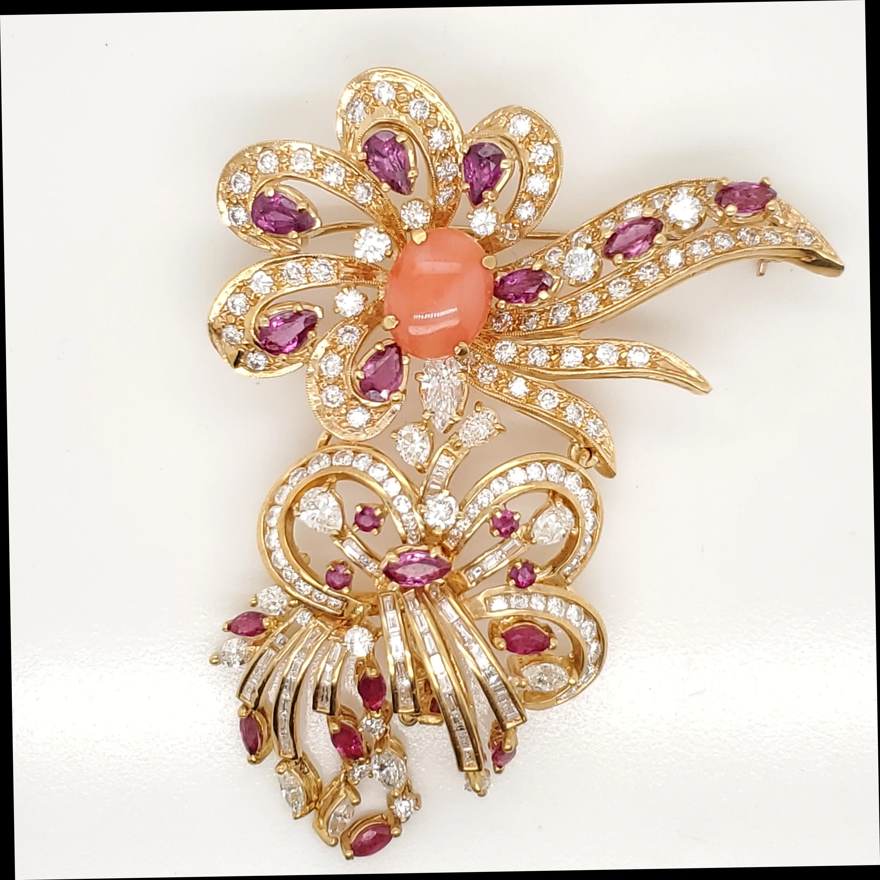 18kt Yellow Gold Coral Ruby and DiamondBrooch
