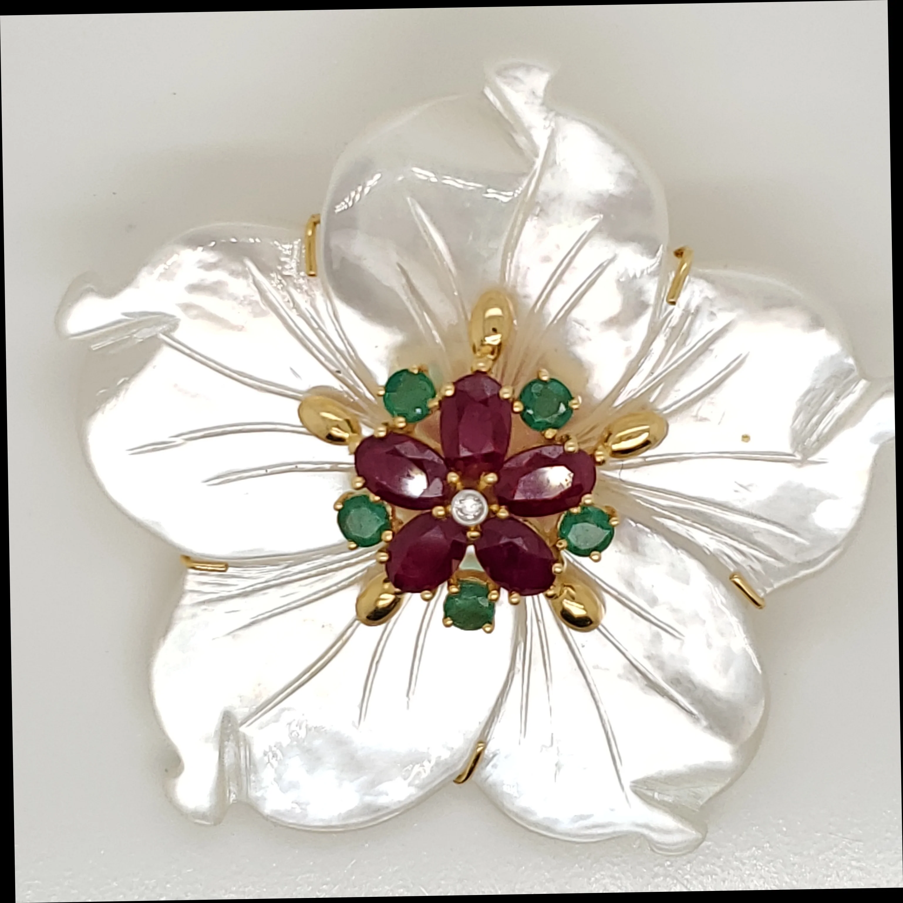 18kt Yellow Gold Mother of Pearl Ruby Emerlad and Diamond Brooch