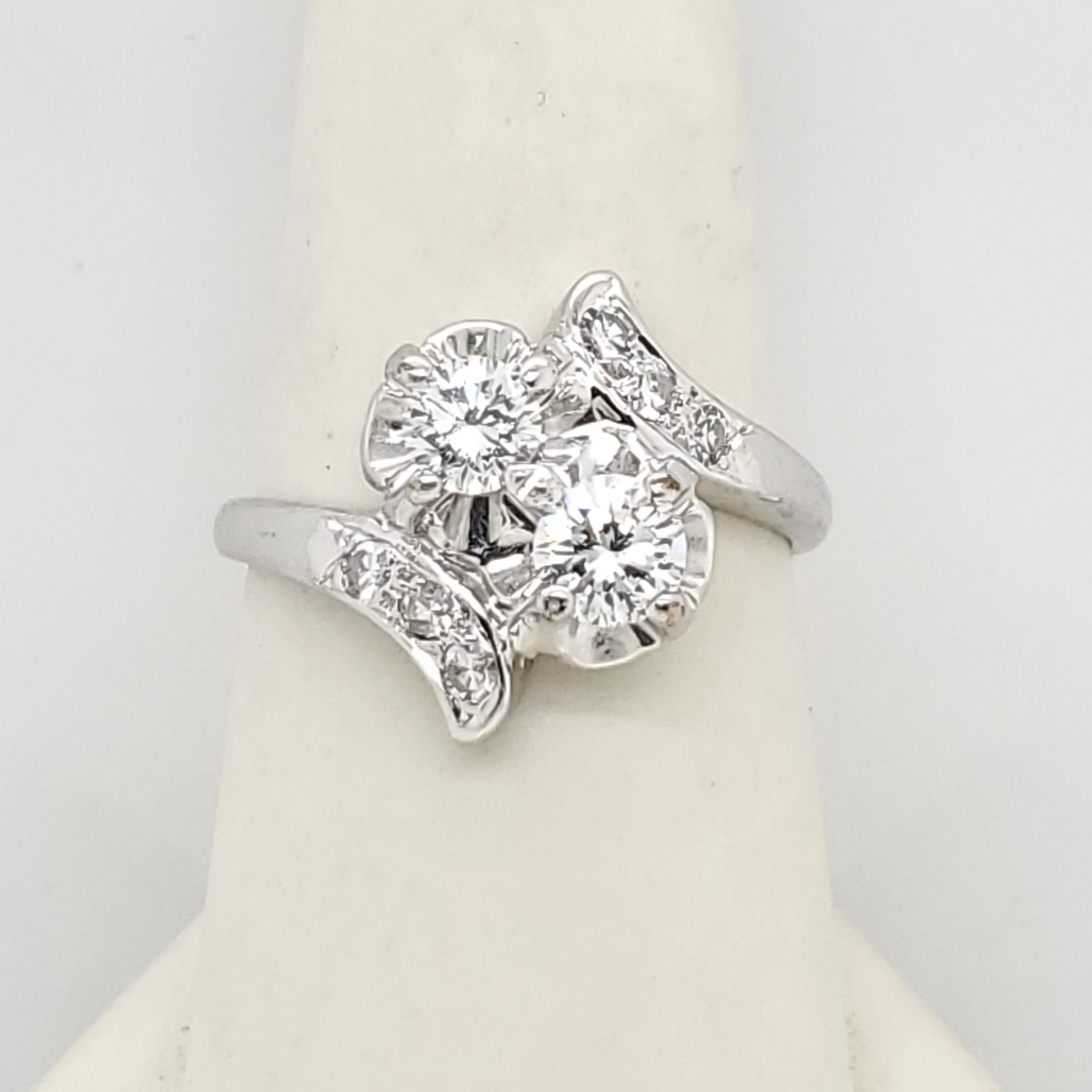 1950S Retro 14kt White gold and Diamond Toi et Moi Bypass Ring
