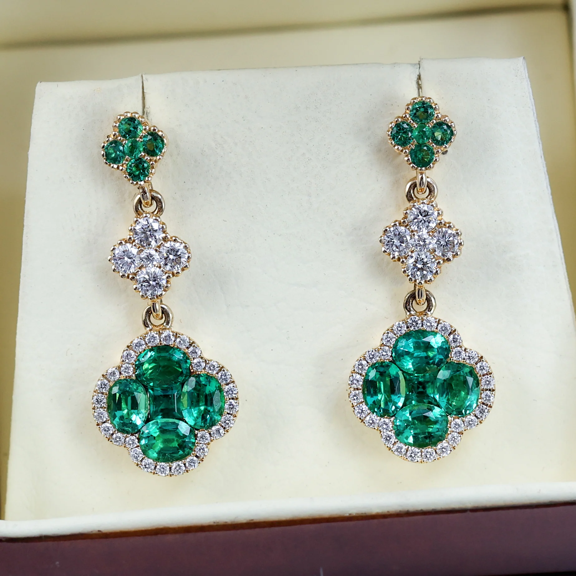 2.28 Ctw 14kt Yellow Gold Emerald And Diamond Clover Drop Earrings