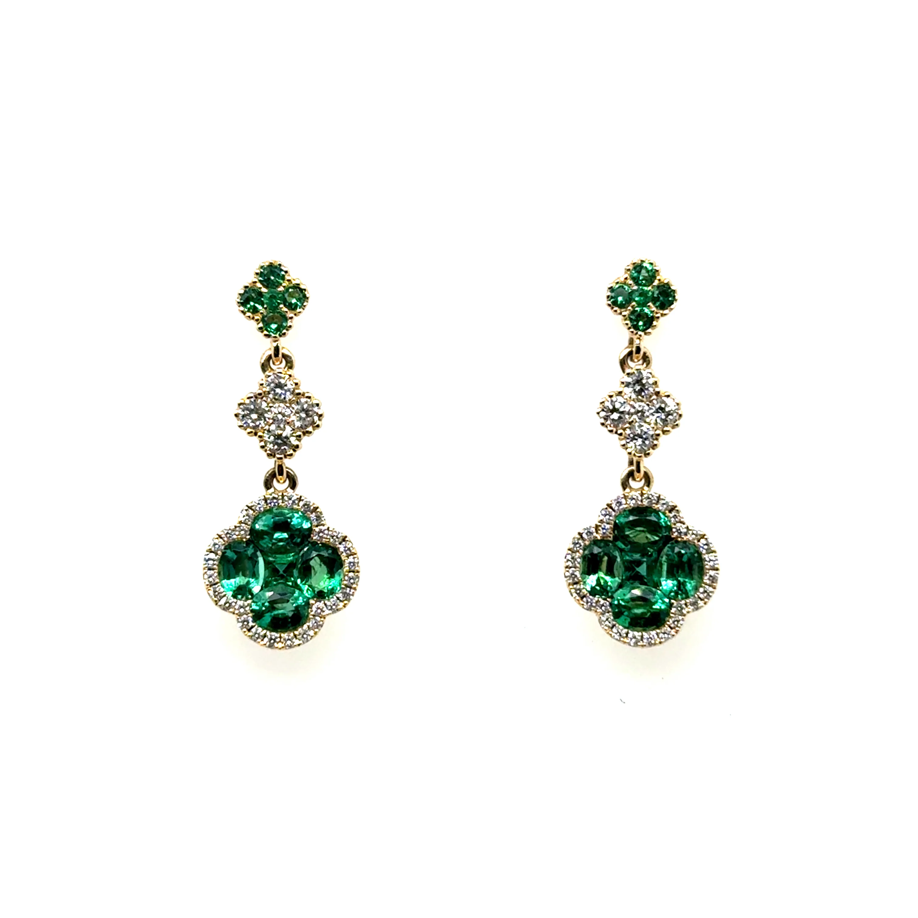 2.28 Ctw 14kt Yellow Gold Emerald And Diamond Clover Drop Earrings - Image 2