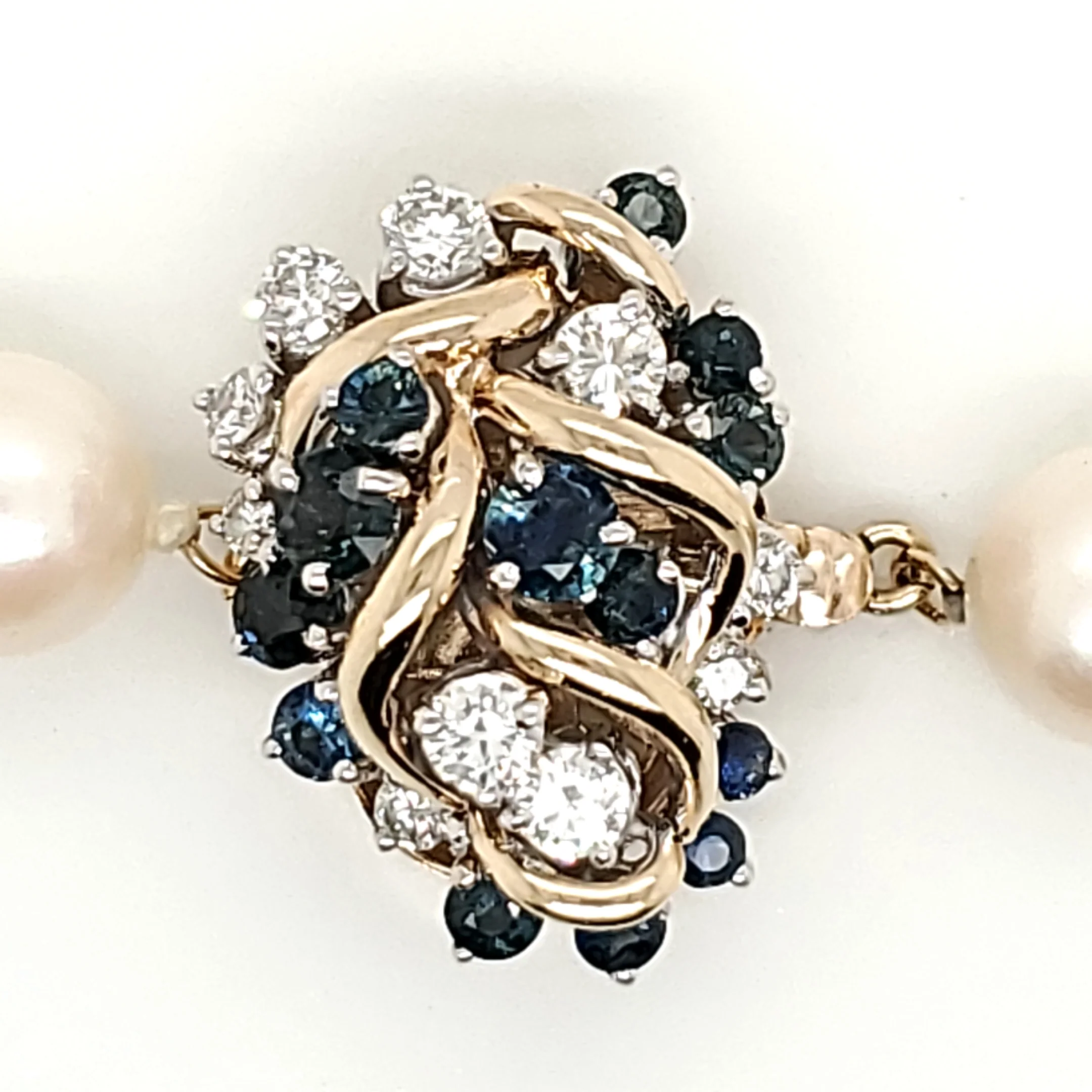 26"" Strand 8.5X8mm Cultured Akoya Pearl Necklace with 14kt Yellow Gold Sapphire and Diamond Clasp - Image 2