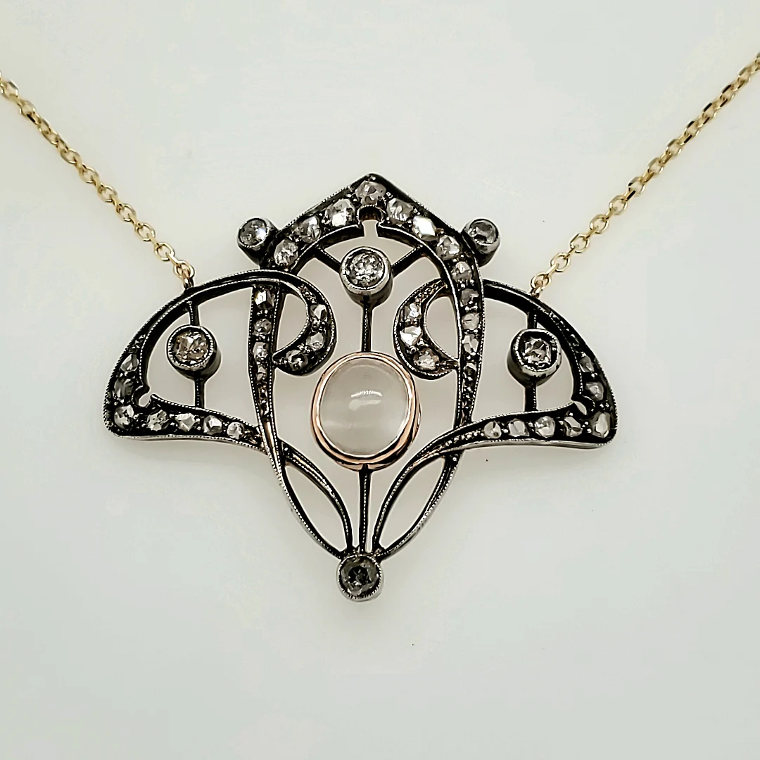Antique Belle Epoch Sterling Silver on Yellow Gold Moonstone and Diamond Filigree Necklace on a Modern Yellow Gold Chain - Image 2