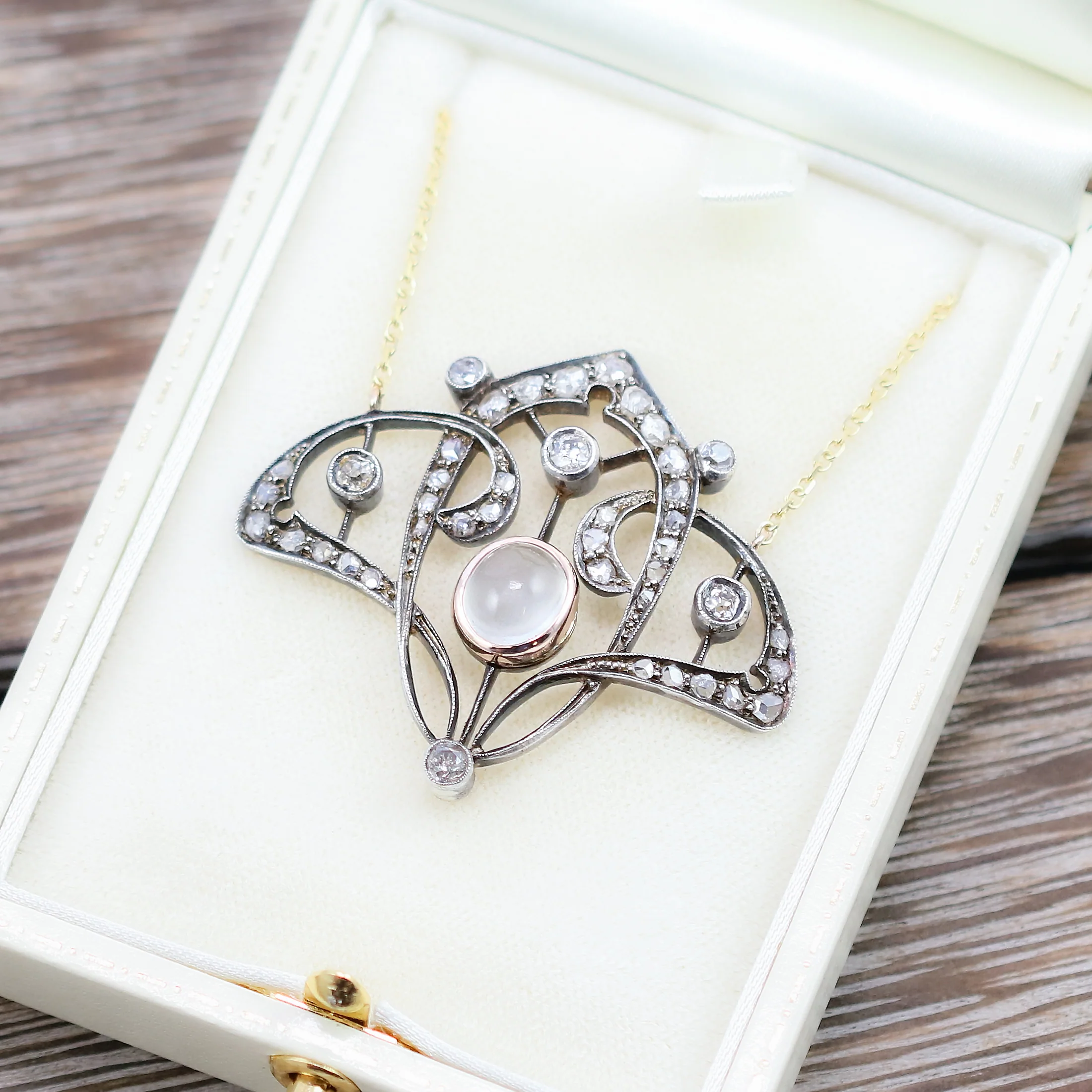 Antique Belle Epoch Sterling Silver on Yellow Gold Moonstone and Diamond Filigree Necklace on a Modern Yellow Gold Chain - Image 3