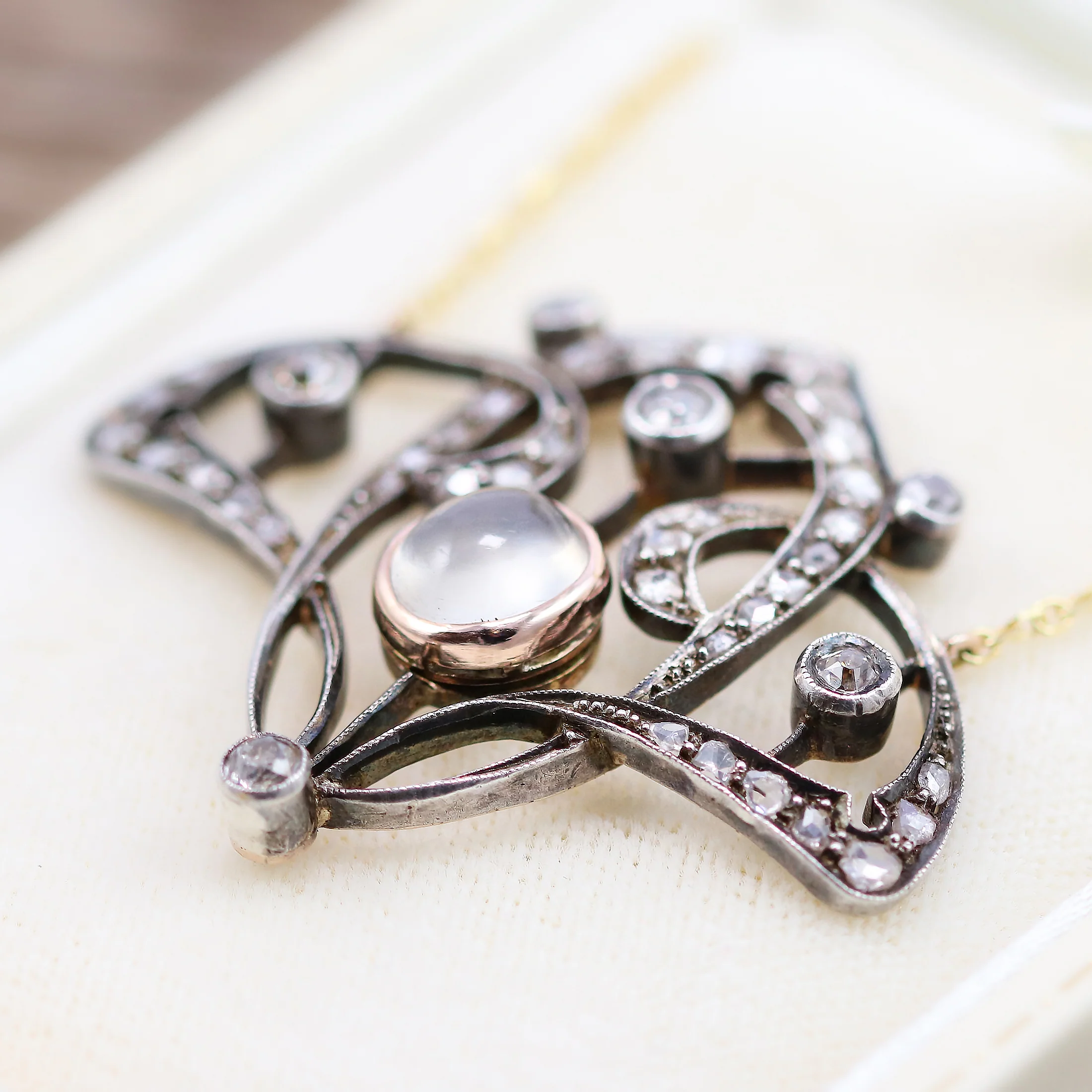 Antique Belle Epoch Sterling Silver on Yellow Gold Moonstone and Diamond Filigree Necklace on a Modern Yellow Gold Chain - Image 4