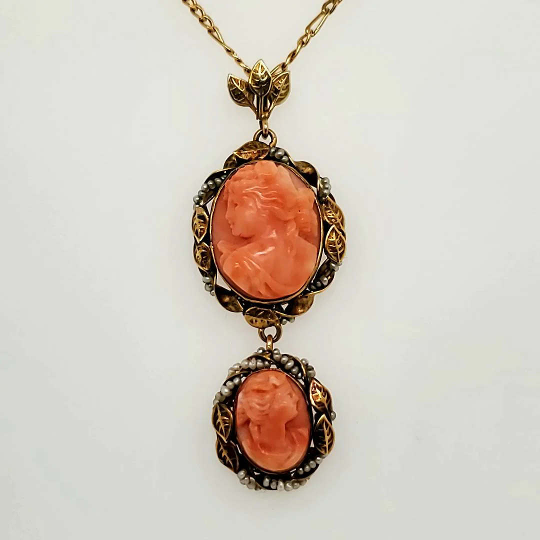Antique Victorian 14kt Yellow Gold Double Carved Coral Cameo Necklace