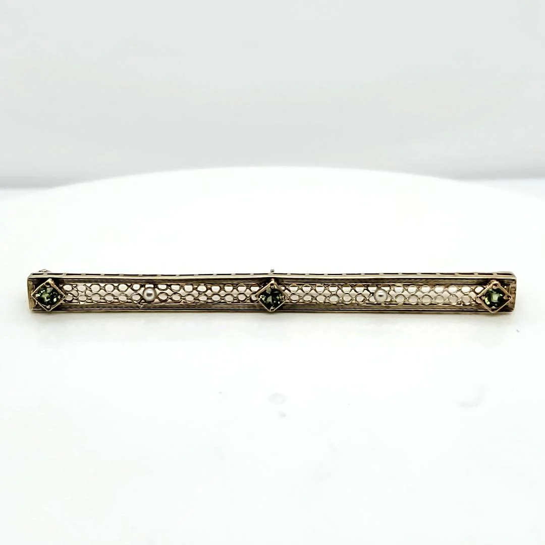 Antique Victorian 14kt Yellow gold Filligree Peridot and Pearl Bar Pin