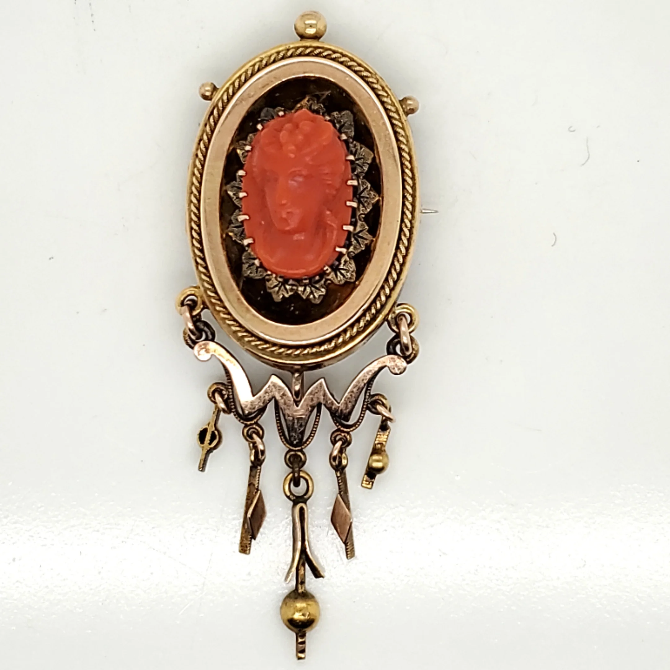 Antique Victorian 14kt Yellow Gold Red Coral Cameo Brooch