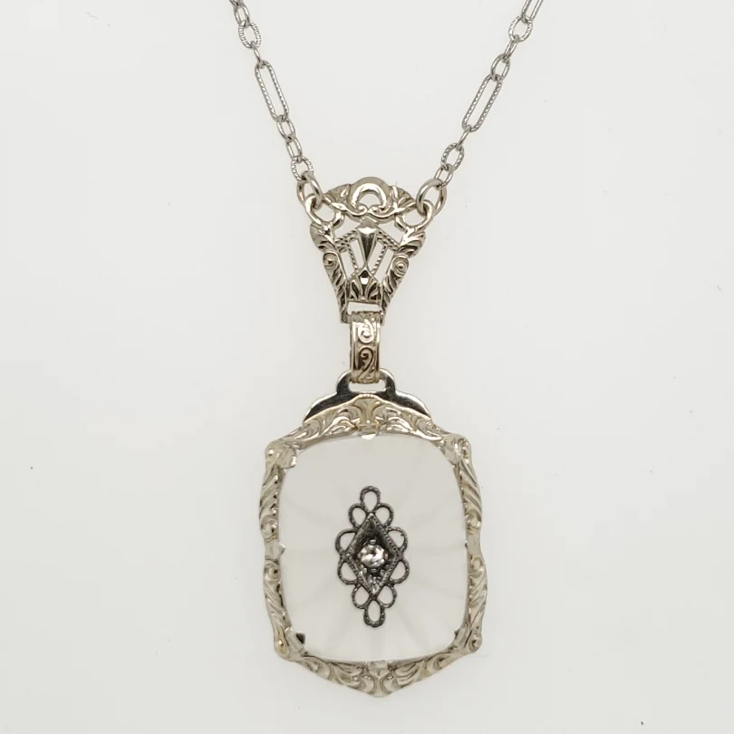 Art Deco 14kt White Gold Camphor Glass and Diamond Pendant Necklace