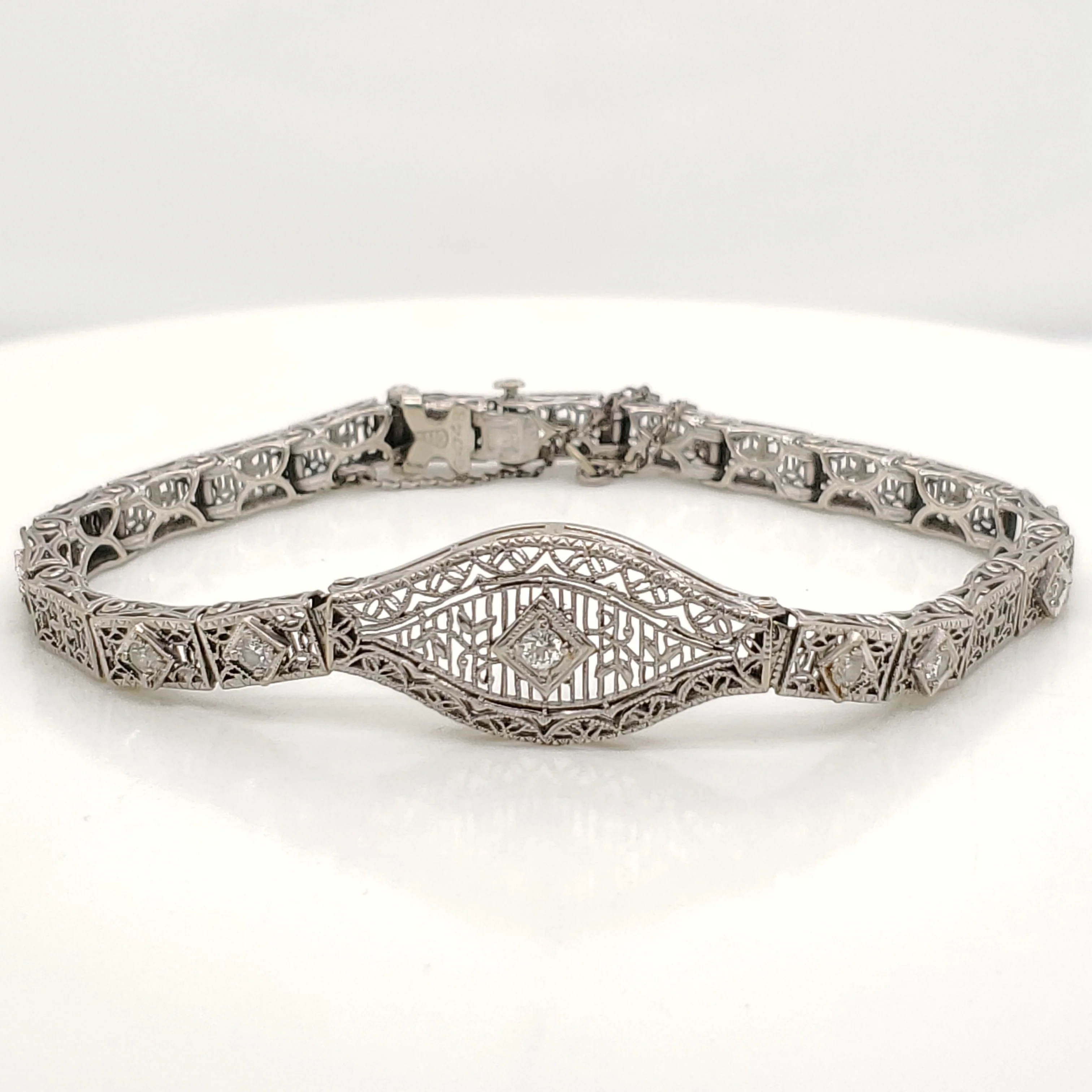 Art Deco 14kt White Gold Filigree Diamond Bracelet