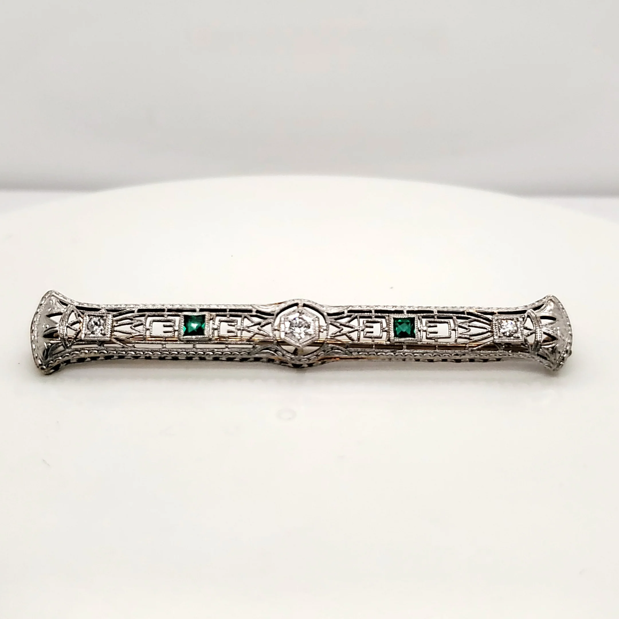 Art Deco Filigree Emerald and Diamond Brooch