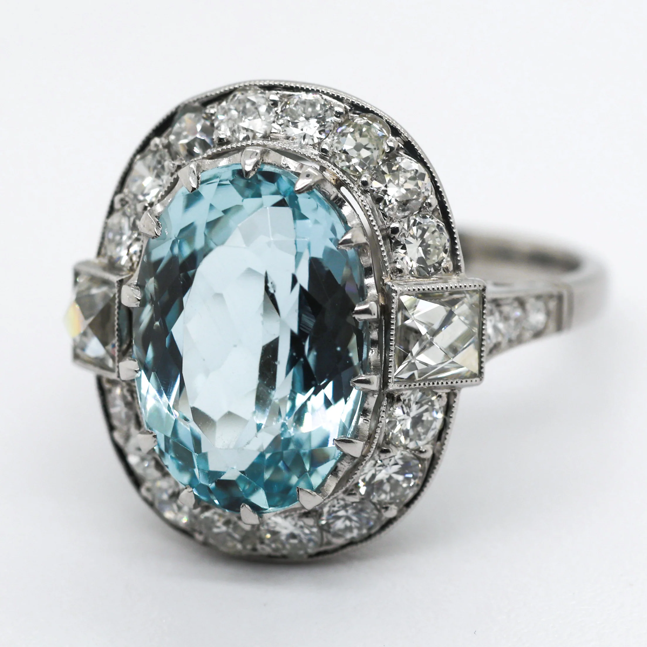 Art Deco Inspired Platinum Aquamarine and Diamond Ring - Image 3