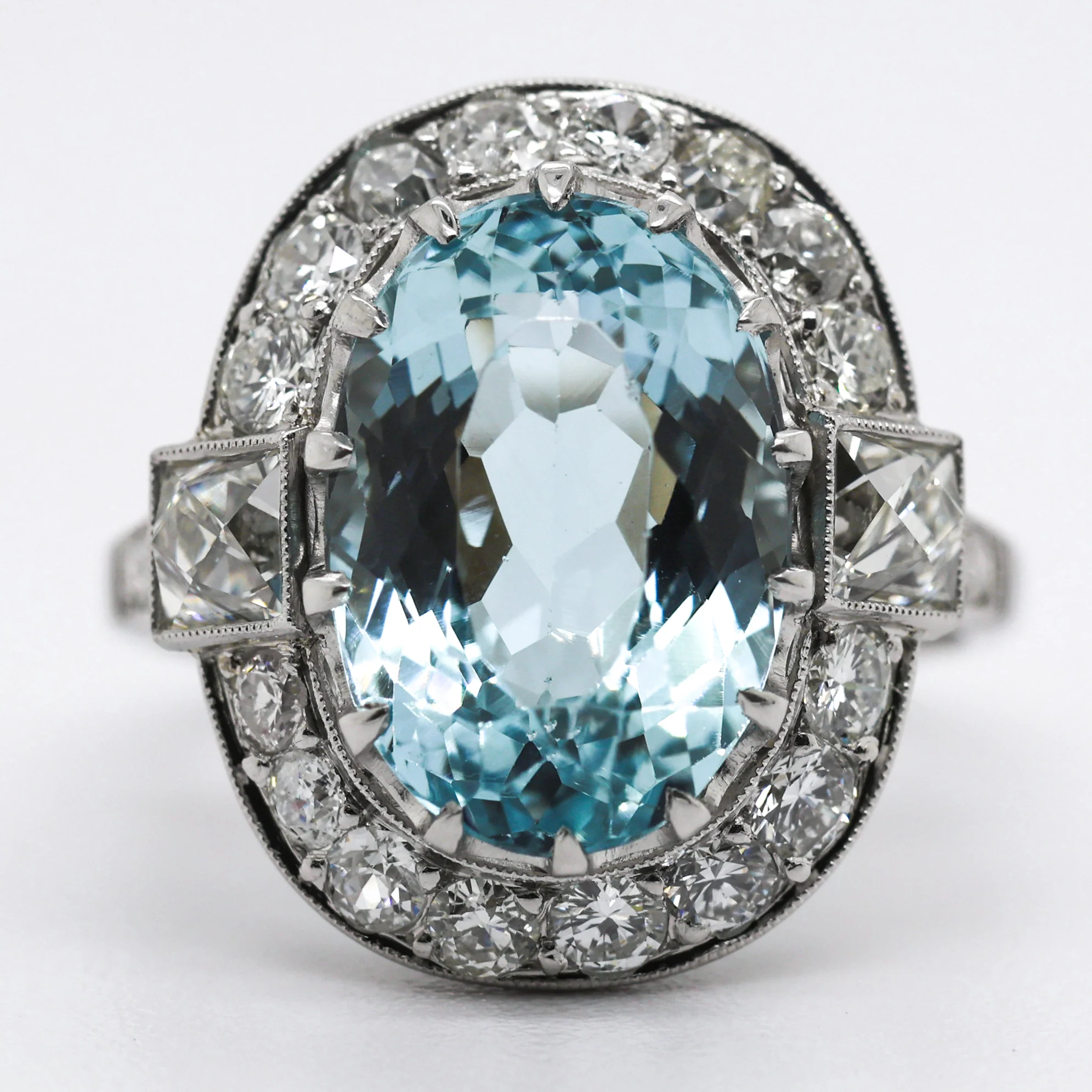 Art Deco Inspired Platinum Aquamarine and Diamond Ring - Image 4