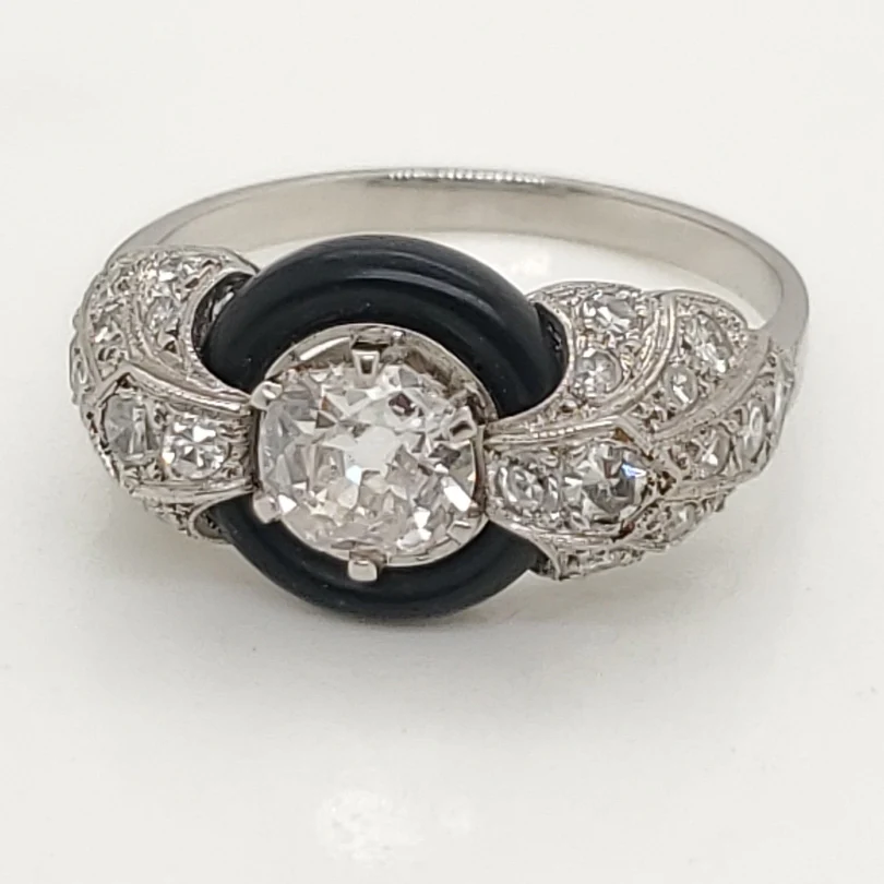 Art Deco Platinum Diamond and Onyx Ring