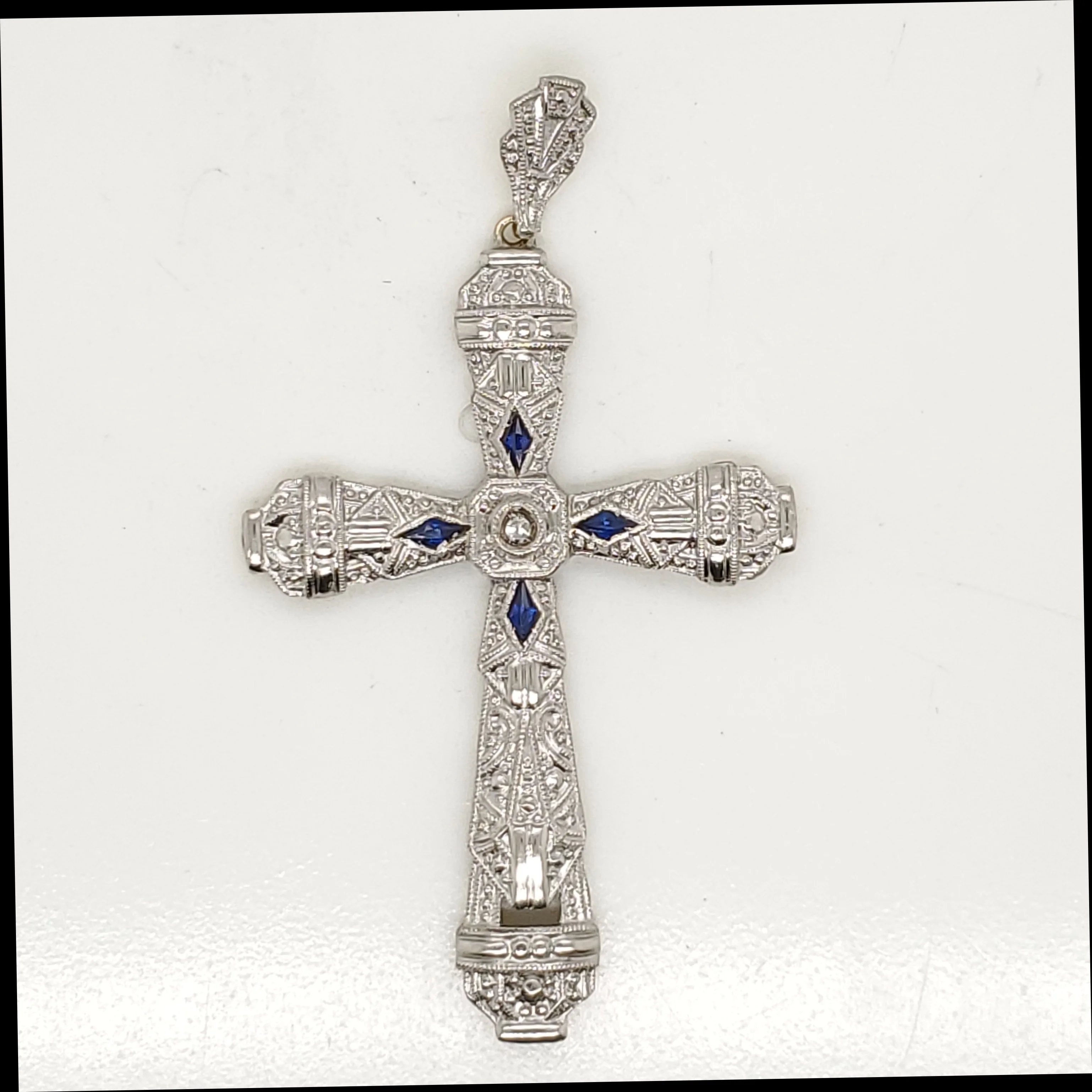 Art Deco Platinum On Gold Diamond and Sapphire Cross