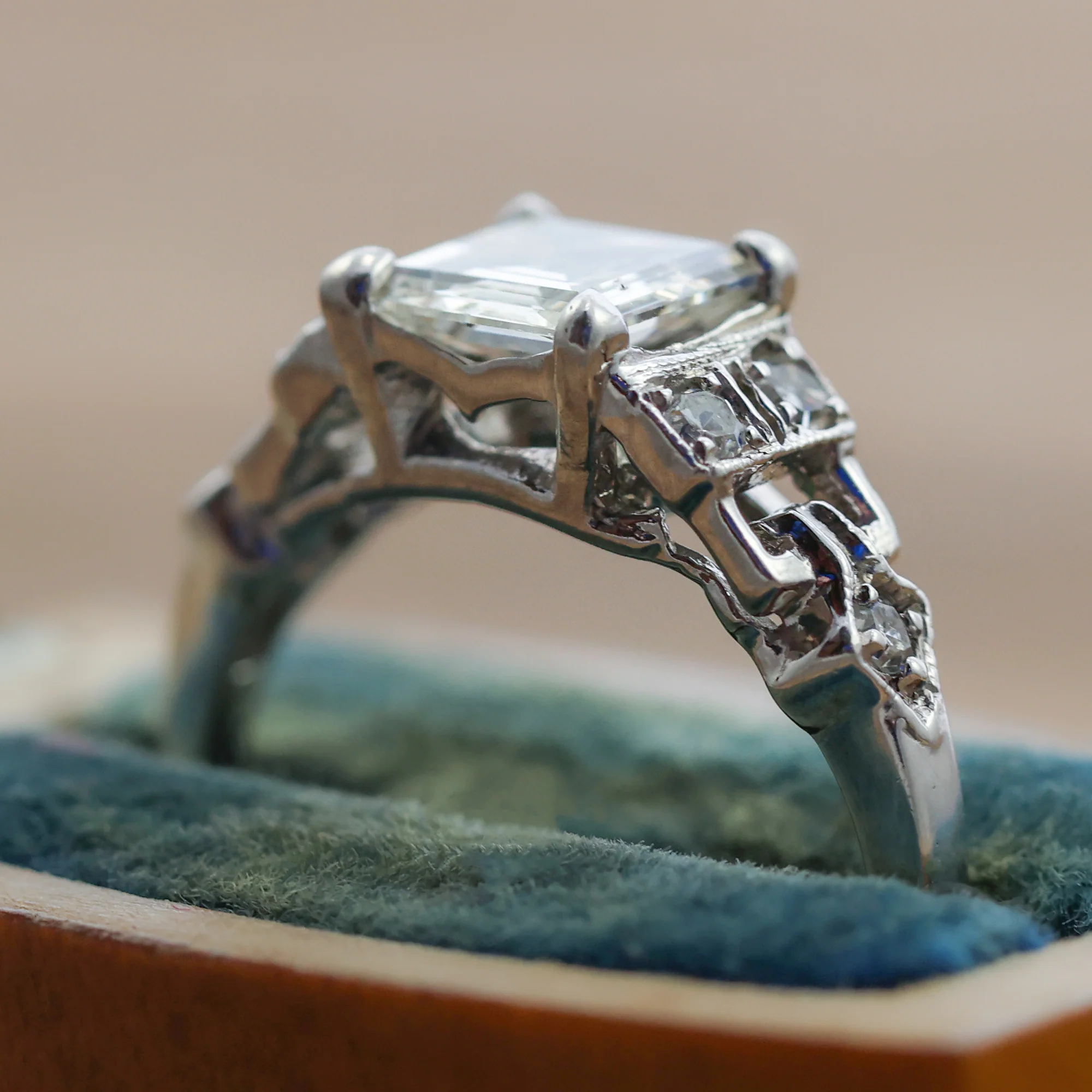 Art Deco Step Cut Diamond  Set In A Platinum Millgrain Ring With Six Single Cut Diamonds. - Image 2