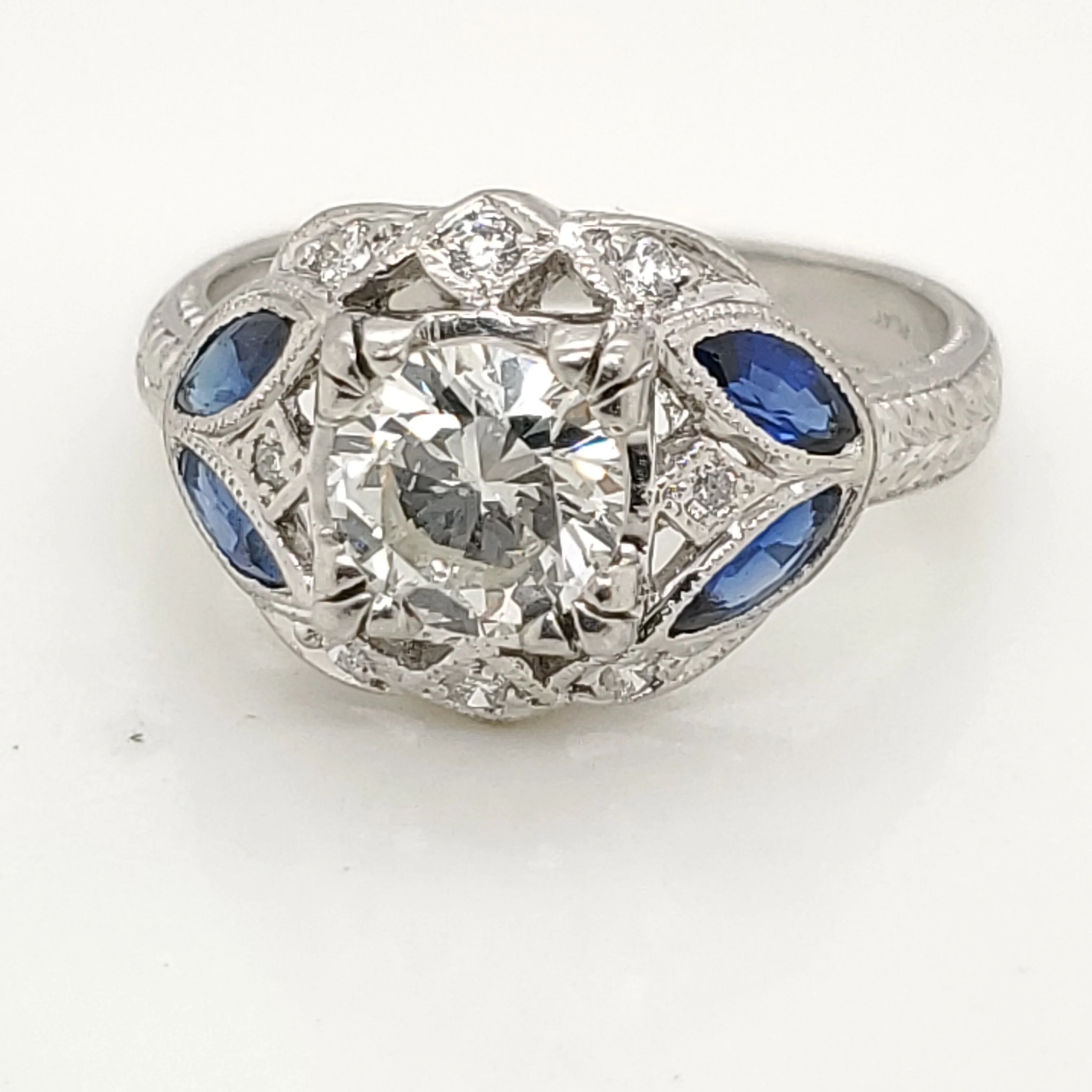 Art Deco Style Platinum 1.00 Carat Transitional Cut Diamond and Sapphire Engagement Ring