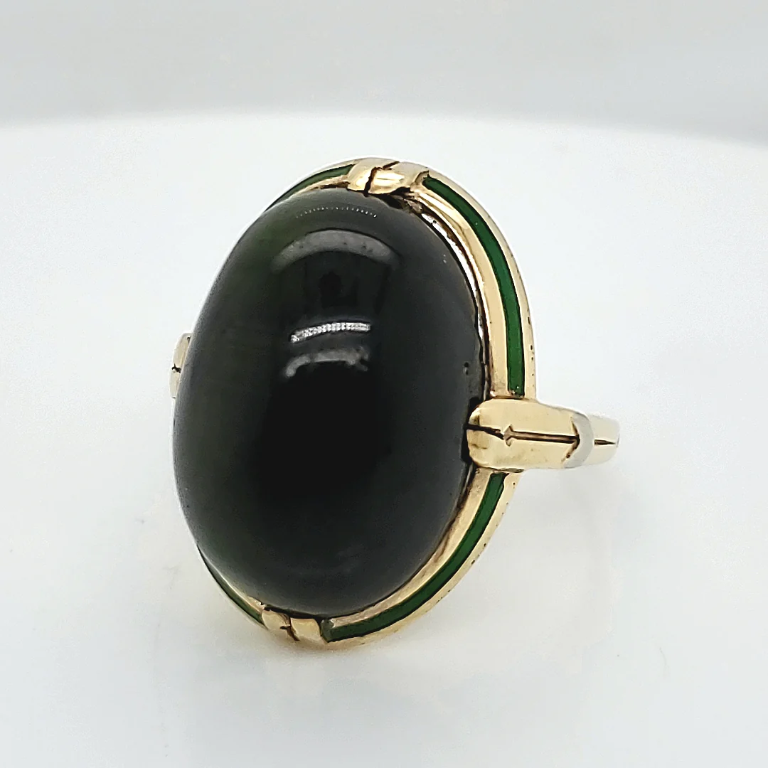 Important Arts & Crafts 14kt yellow Gold Cats Eye Tourmaline and Enamel Ring