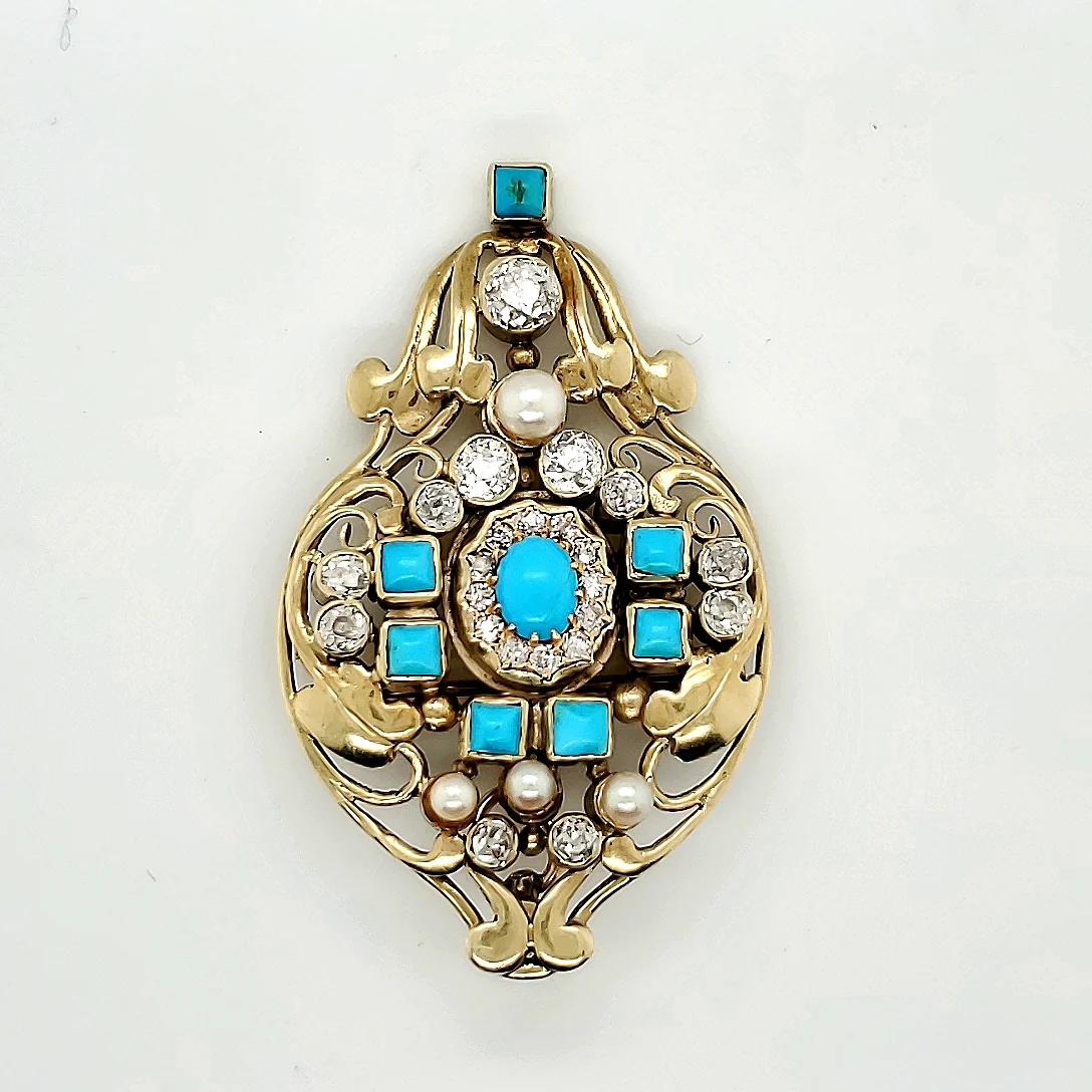 Important Frank Gardner Hale Art & Crafts gold, diamond, pearl and turquoise brooch/pendant - Image 2