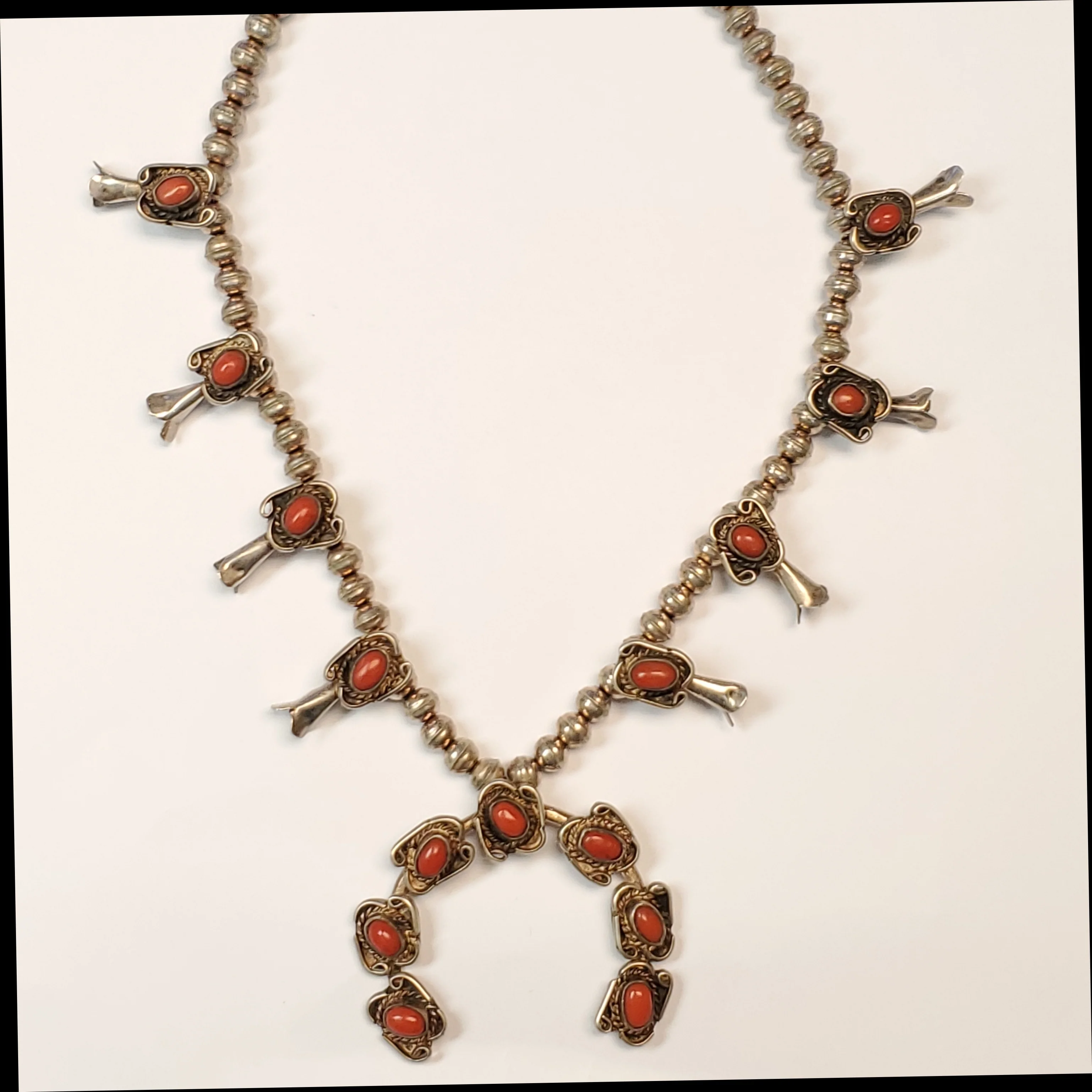Sterling Silver and Coral Squash Blossom Necklace