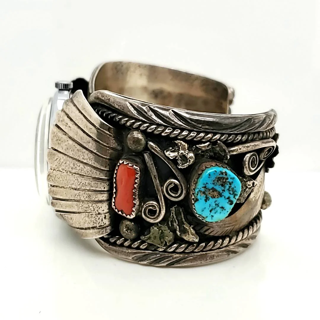 Sterling Silver Turquoise and Coral Watch Band - Image 2
