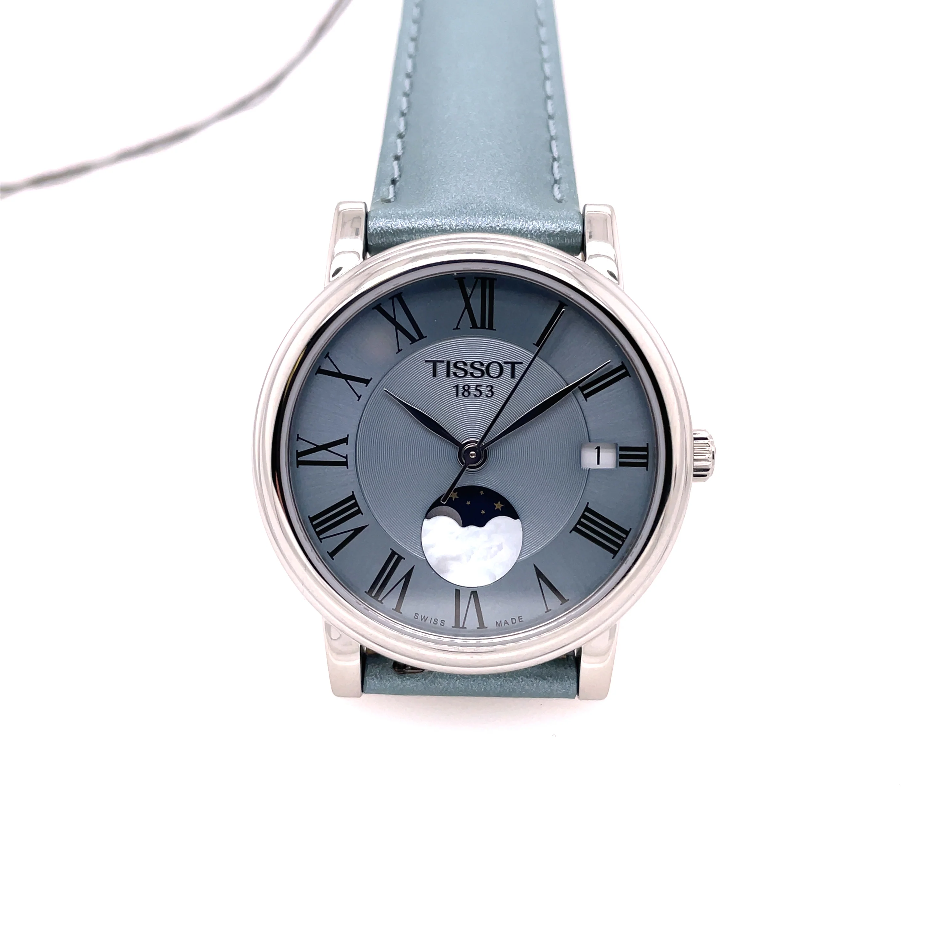 Tissot Carson Moon Lds Watch Stainless Steel Case Blue Moon Phase Dial On A Blue Leather Strap T1222231635300