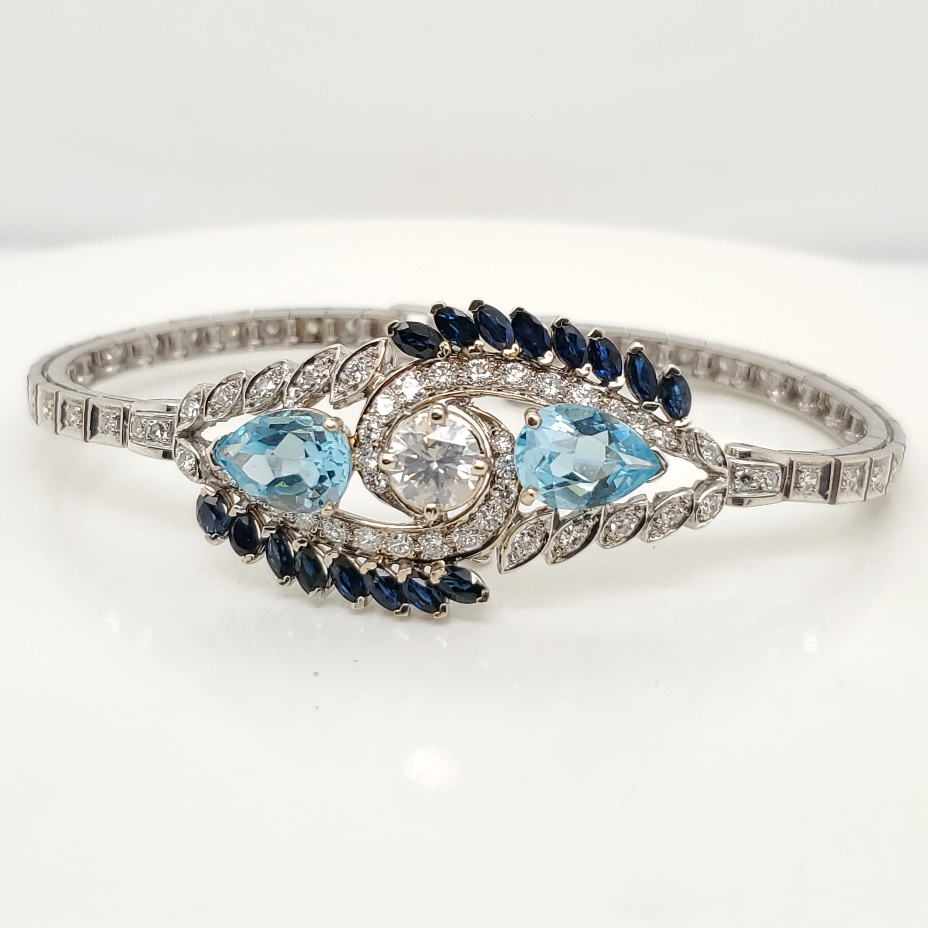 Vintage 14kt White Gold Diamond Blue Topaz and Sapphire Bracelet