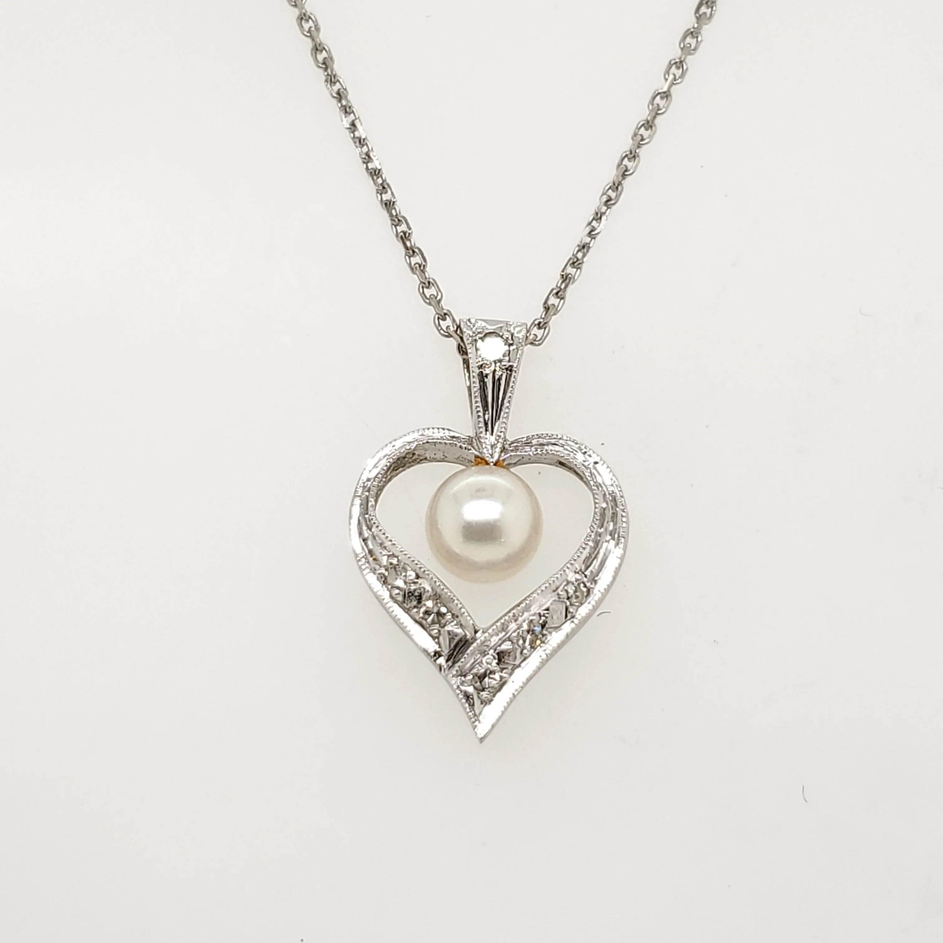 Vintage 14Kt White Gold Pearl And Diamond Heart Pendant