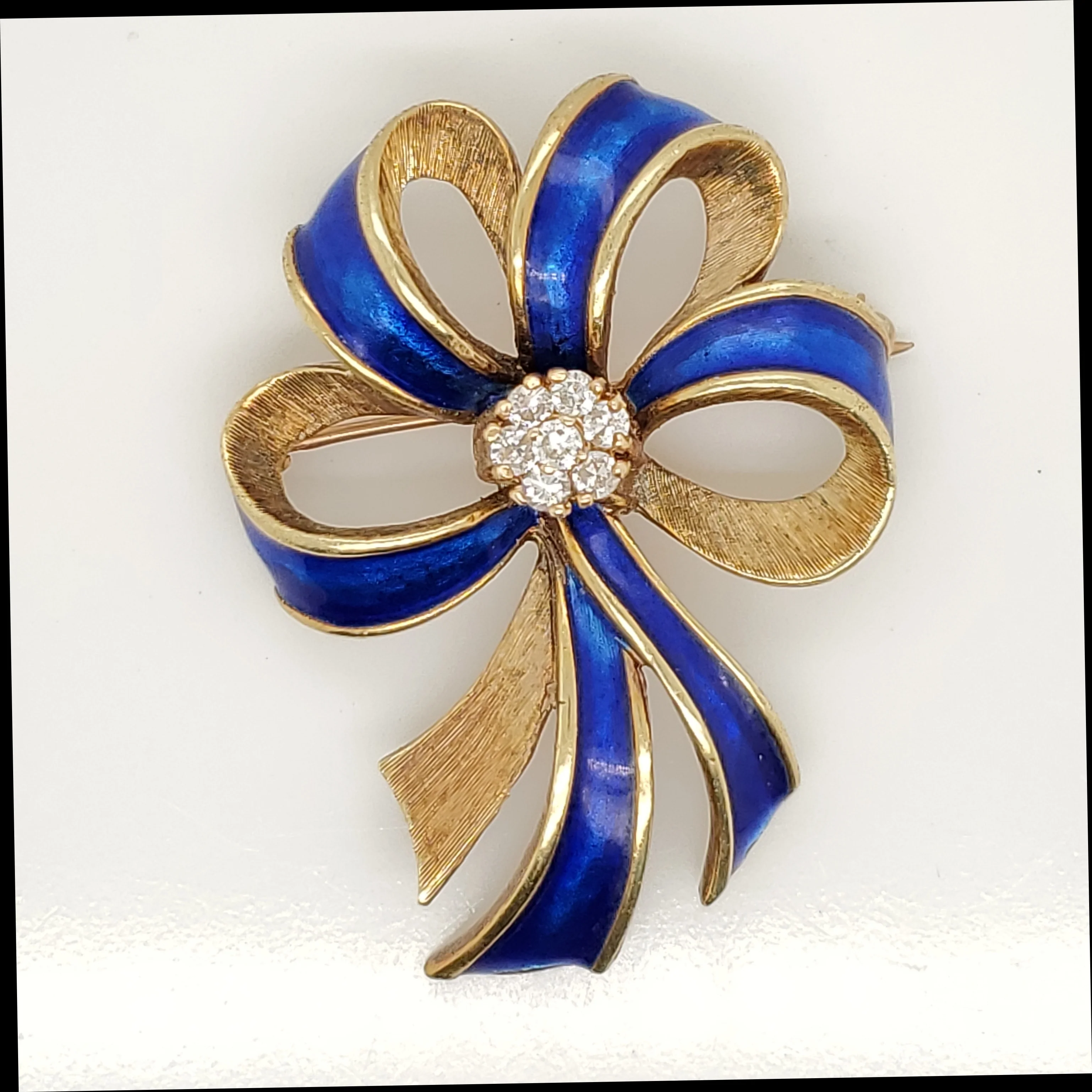 Vintage 14kt Yellow Gold Blue Enamel Bow Brooch with Diamonds