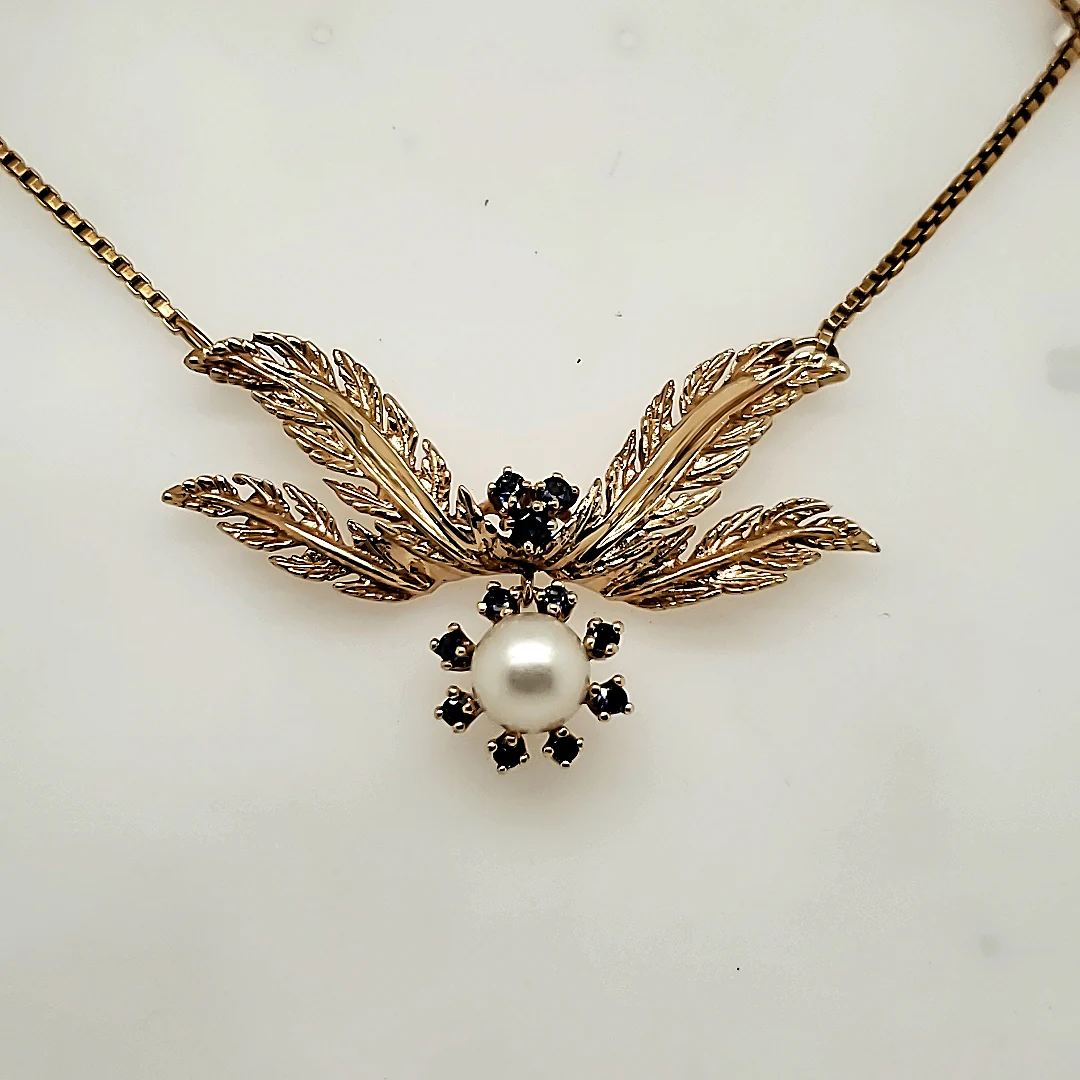 Vintage 14kt Yellow Gold Pearl and Sapphire Necklace