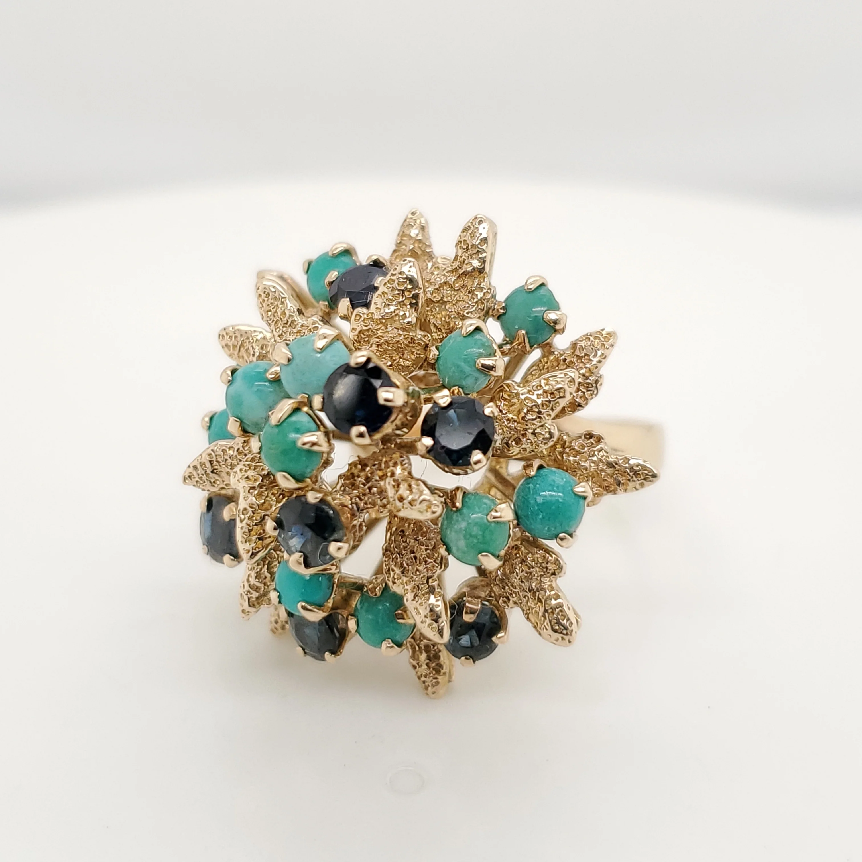 Vintage 14Kt Yellow Gold Turquoise And Blue Sapphire Ring