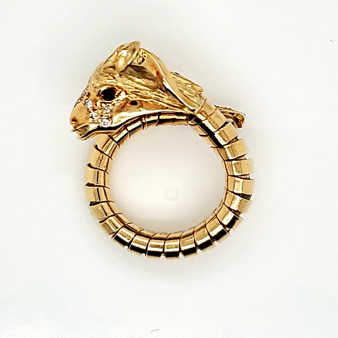 Vintage 18kt Yellow Gold Diamond and Ruby Rams Head Ring