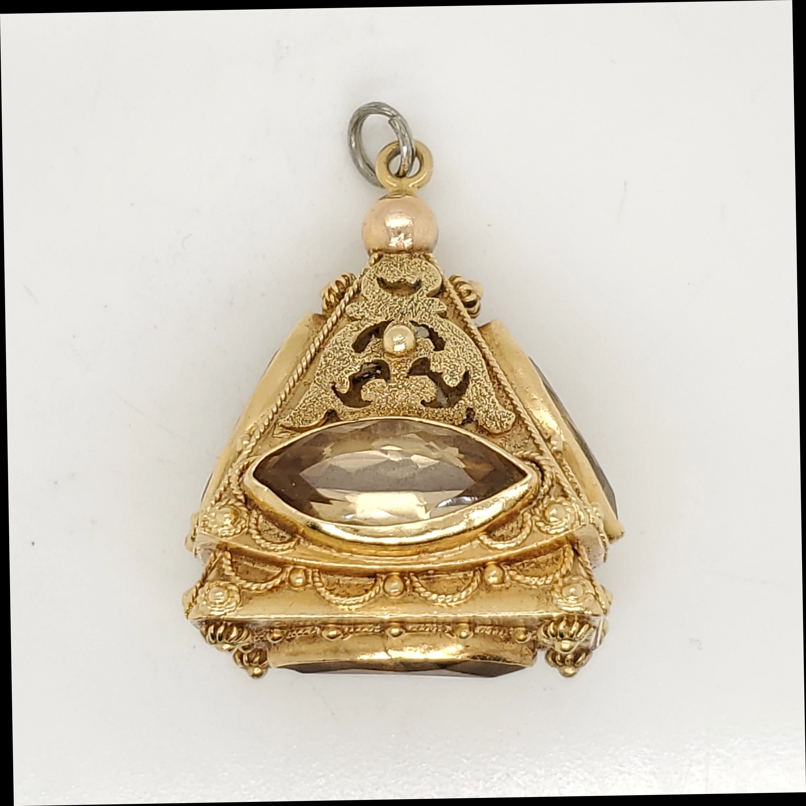 Vintage 18kt Yellow Gold Etruscan Revial Fob Pendant with Citrine