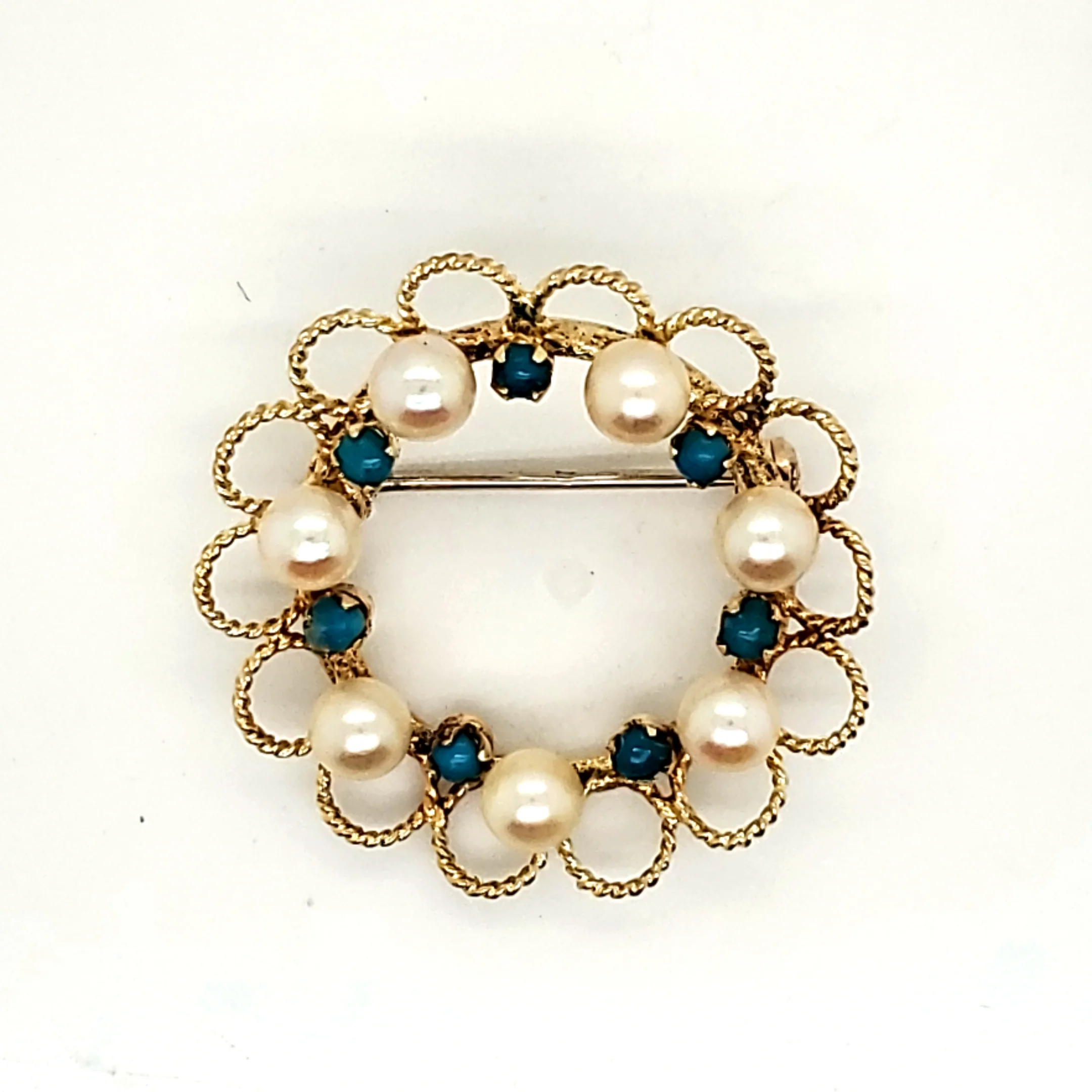 Vintage 18kt Yellow Gold Turquoise and Pearl Brooch