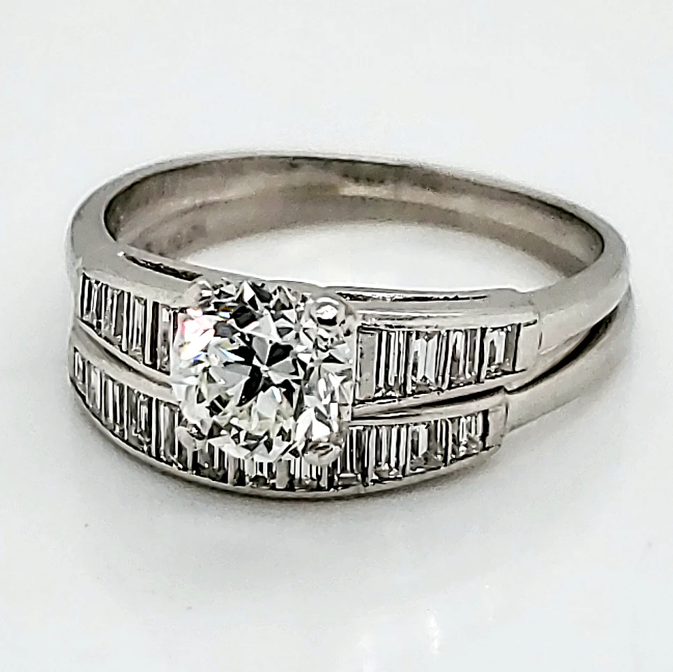 Vintage .80 Carat Round, European Cut Diamond Platinum Wedding set With Baguettes