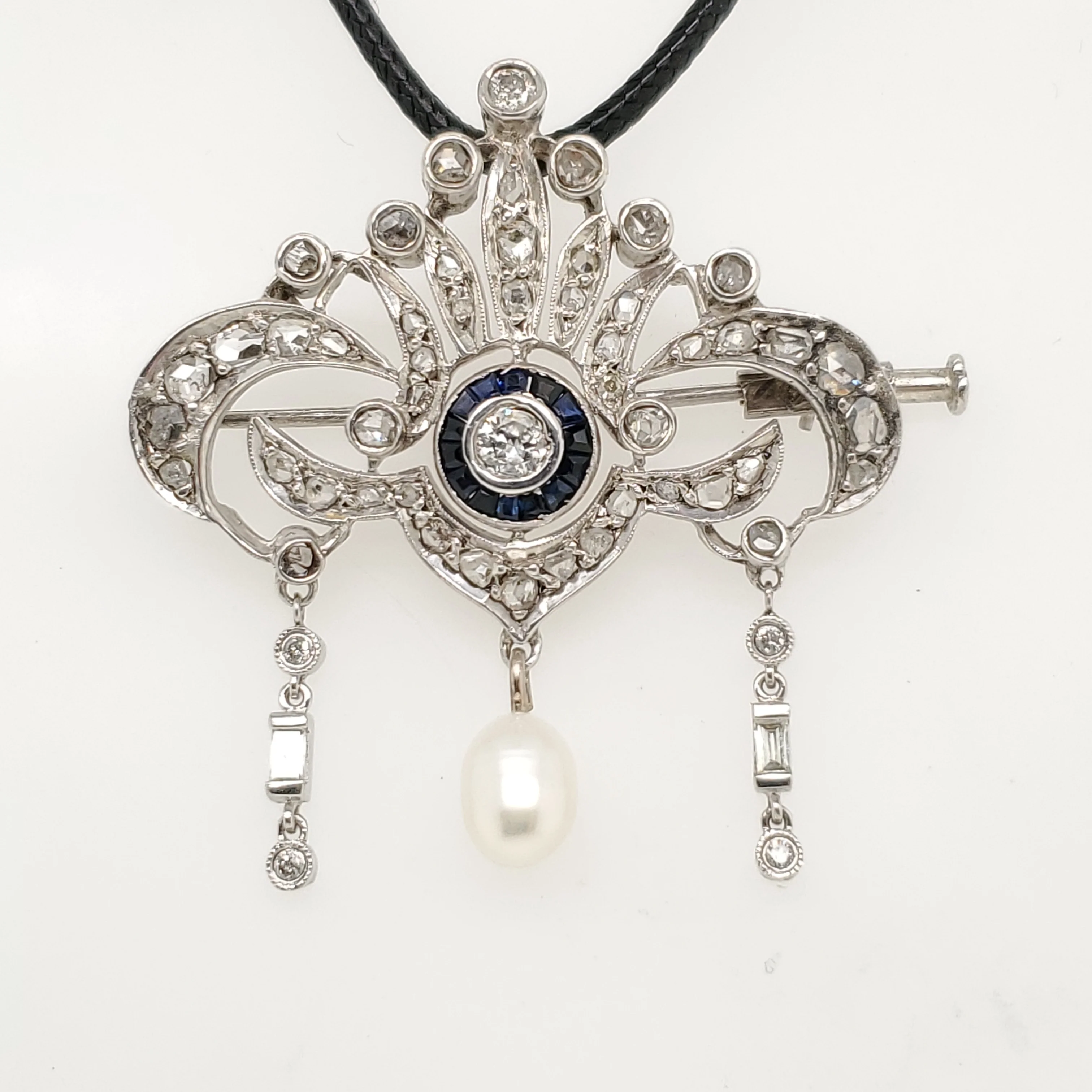 Vintage Belle Epoch Style Silver Diamond Sapphire and Pearl Brooch and Pendant