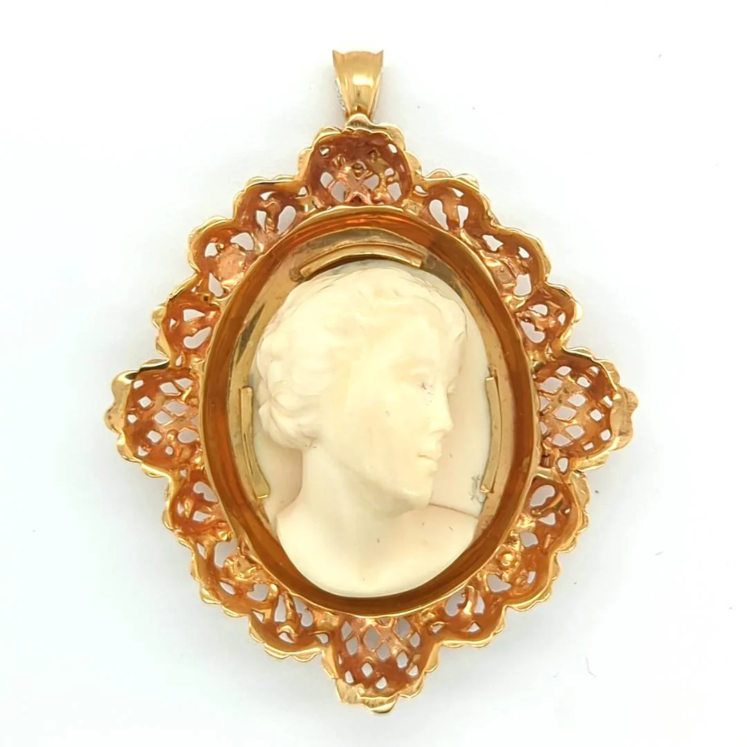 Vintage Carved 14Kt Yellow Gold Ivory Cameo Pendant